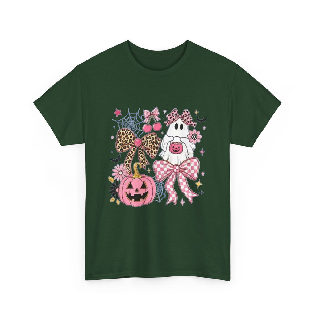 Halloween Pink Pumpkin Tee — Cute Leopard Bow Ghost Graphic Shirt