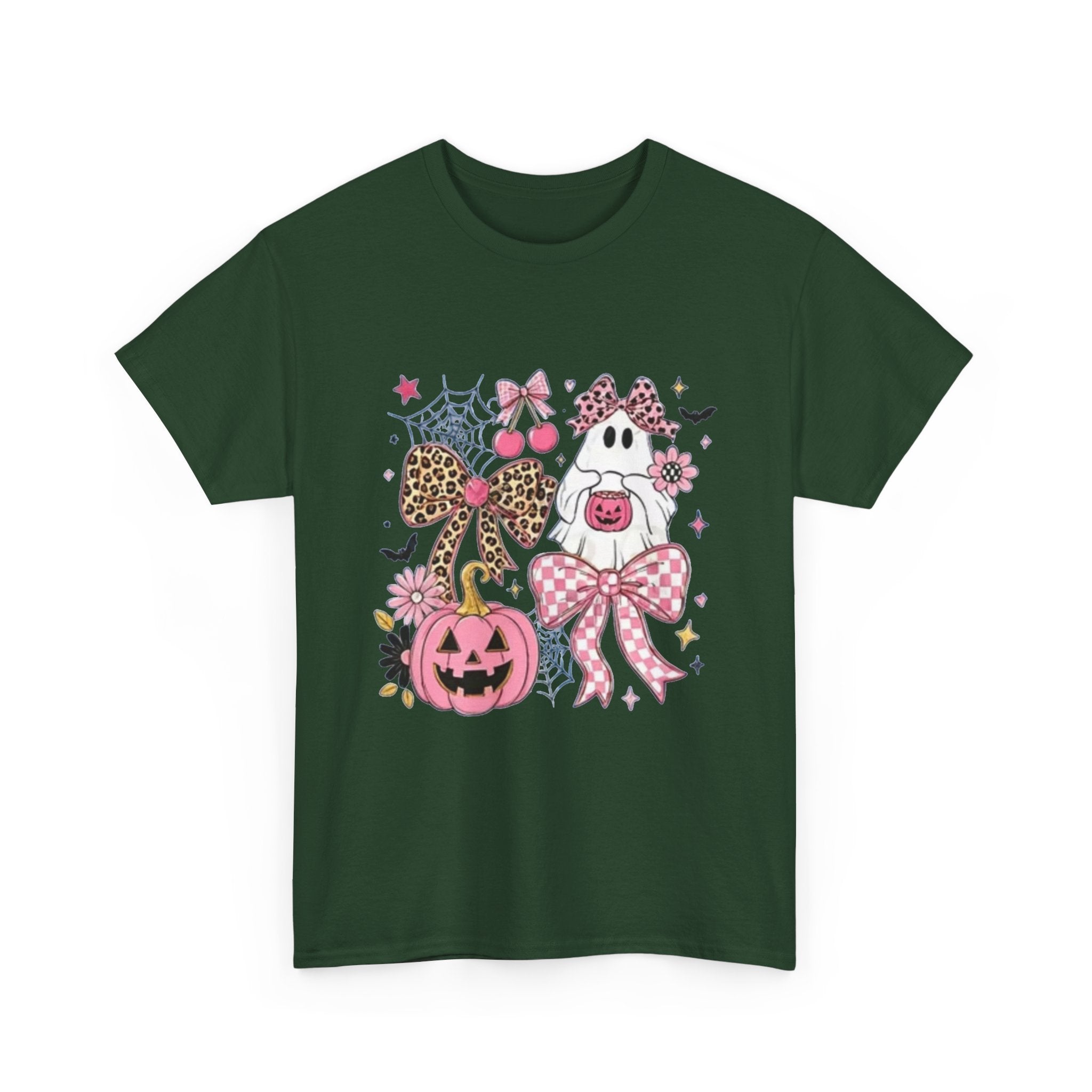 Halloween Pink Pumpkin Tee — Cute Leopard Bow Ghost Graphic Shirt