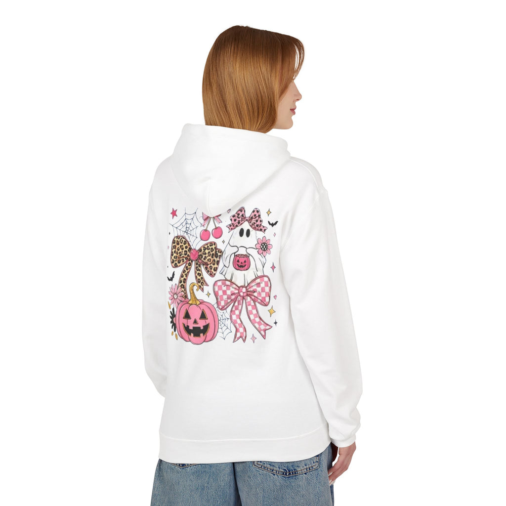 Pink Halloween Ghost Hoodie — Cute Pumpkin, Leopard Bow & Spiderweb Graphic