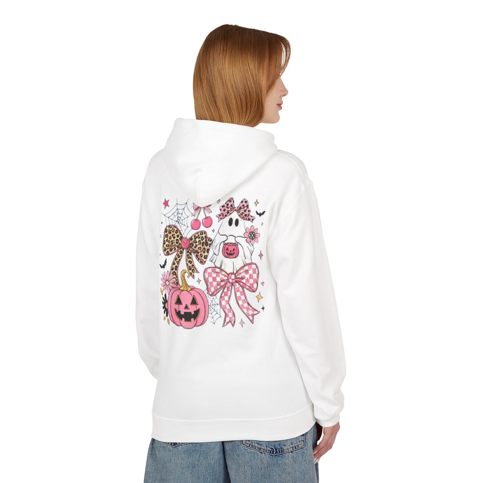 Pink Halloween Ghost Hoodie — Cute Pumpkin, Leopard Bow & Spiderweb Graphic