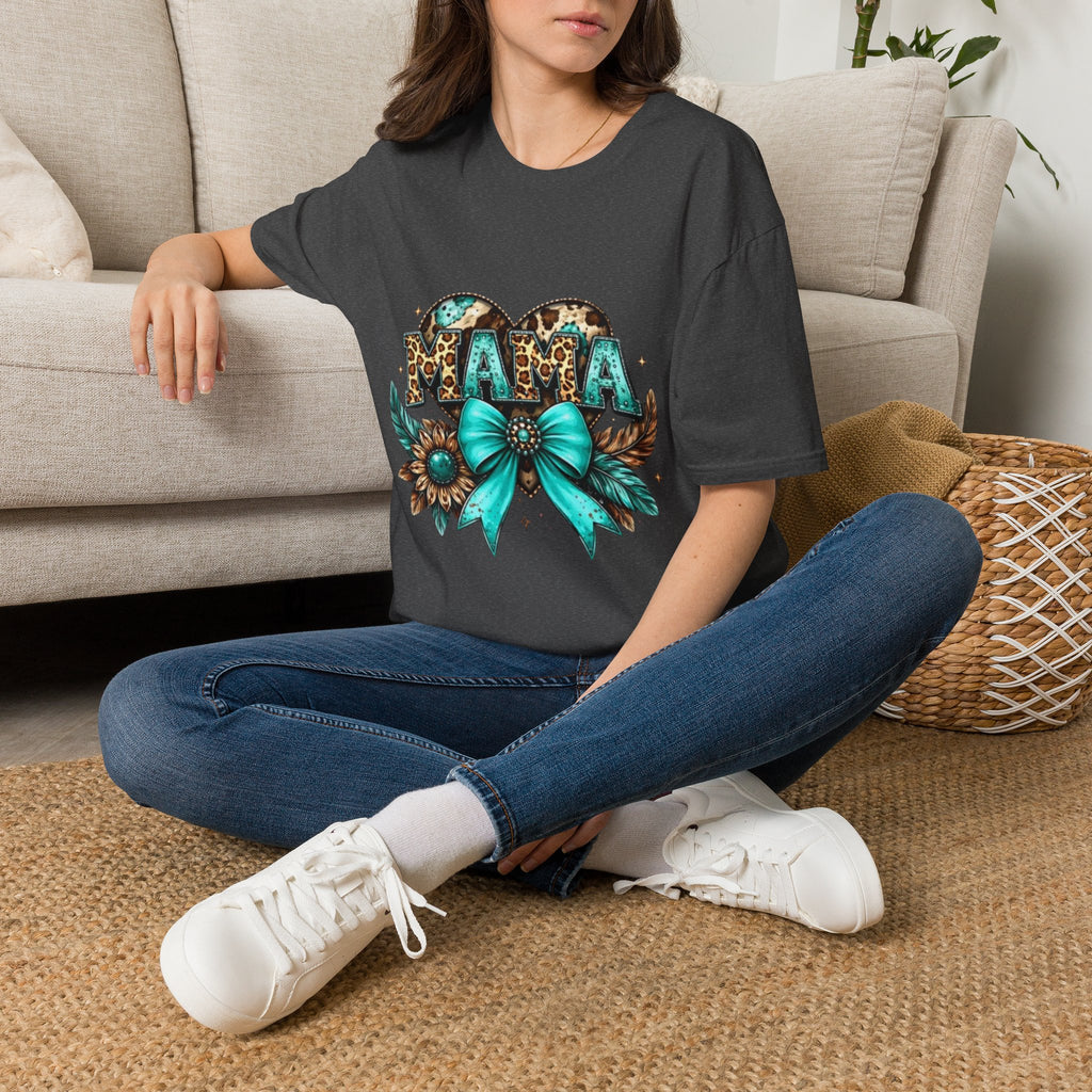 Mama Leopard Heart T-Shirt — Turquoise Bow Mother's Day Tee