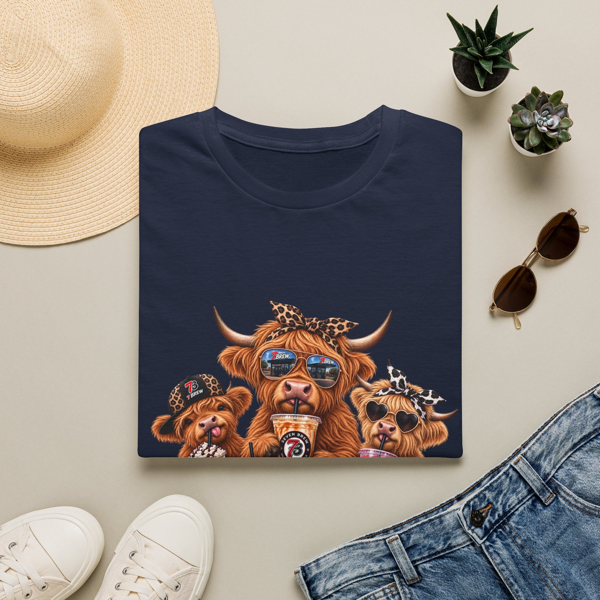 Cow Trio Graphic T-Shirt — Cute Highland Cow Family with Sunglasses & Bandanas
