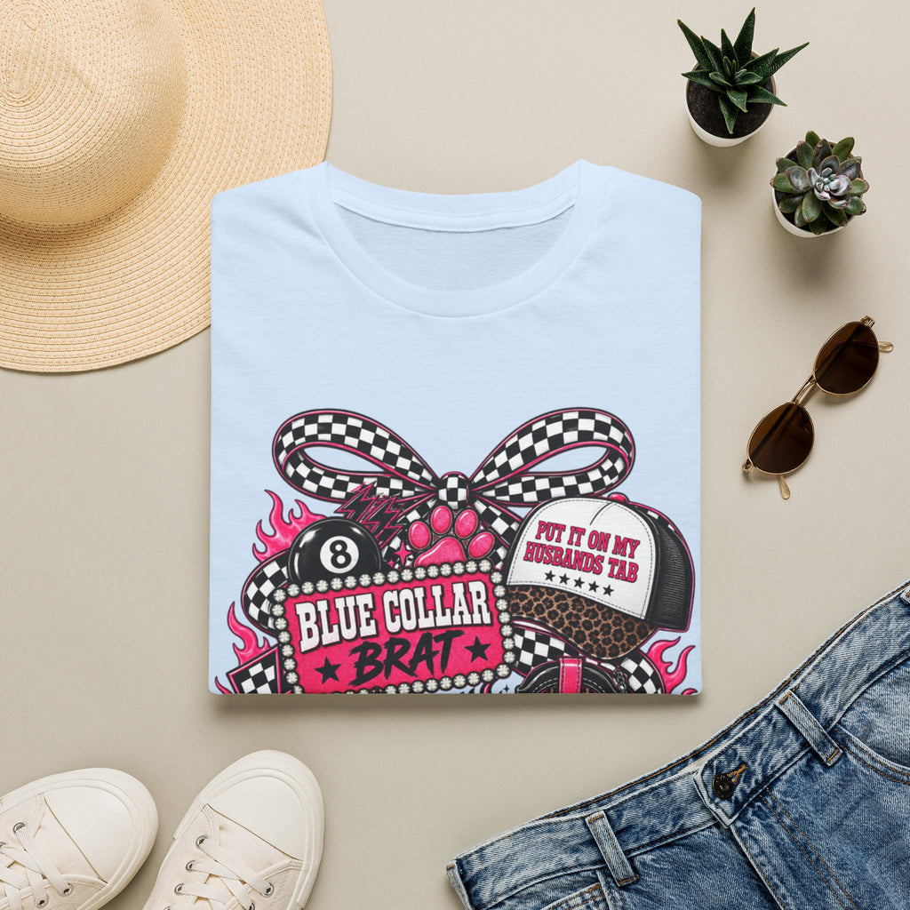 T-Shirt — Blue Collar Brat Graphic Tee (Pink Checkerboard Heart, 'Put On My Workin' Hat')