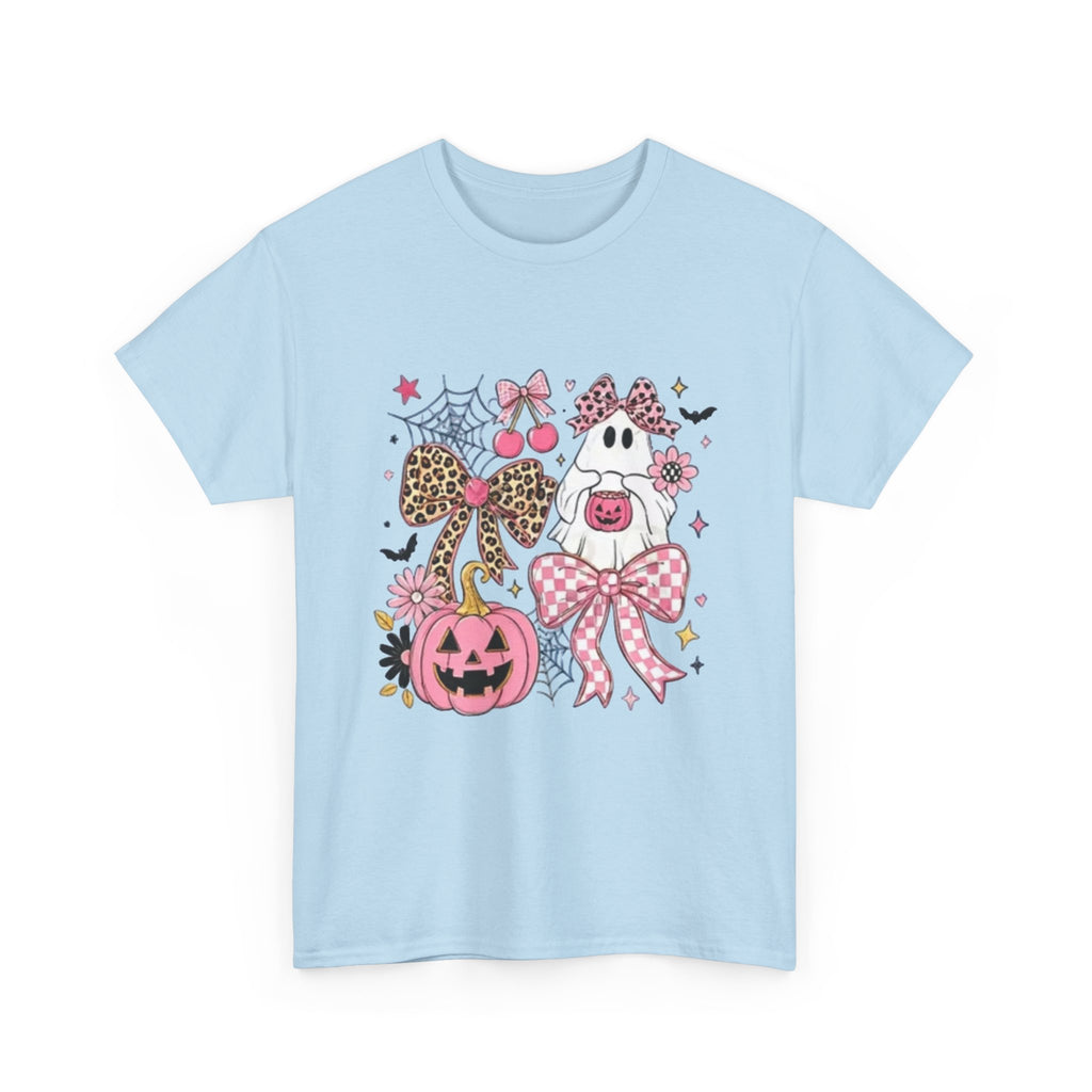 Halloween Pink Pumpkin Tee — Cute Leopard Bow Ghost Graphic Shirt