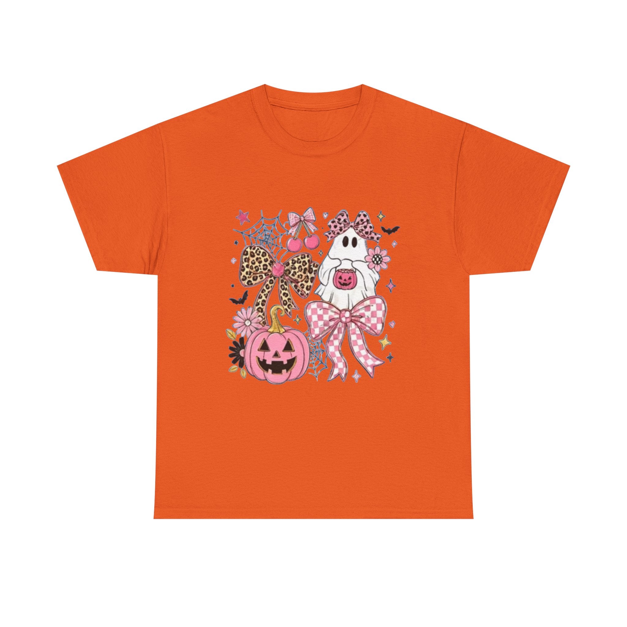 Halloween Pink Pumpkin Tee — Cute Leopard Bow Ghost Graphic Shirt