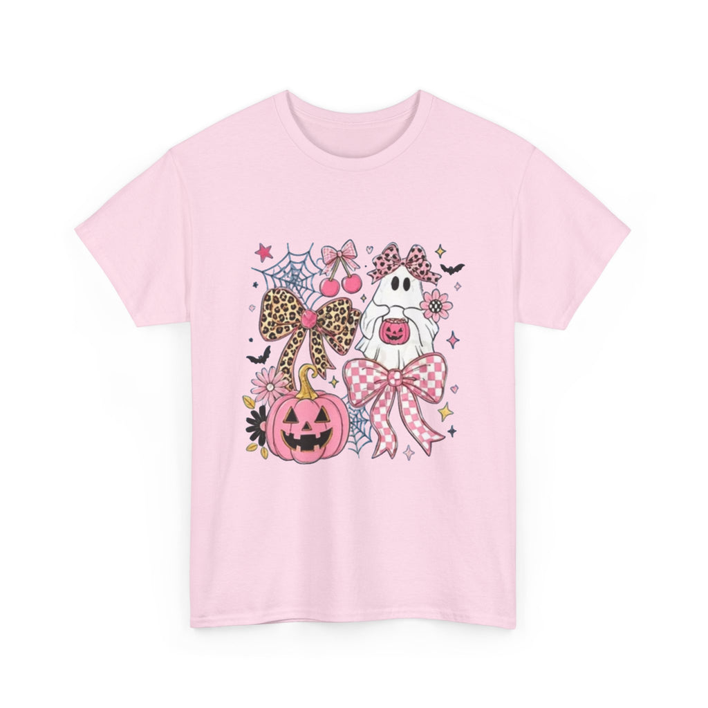 Halloween Pink Pumpkin Tee — Cute Leopard Bow Ghost Graphic Shirt