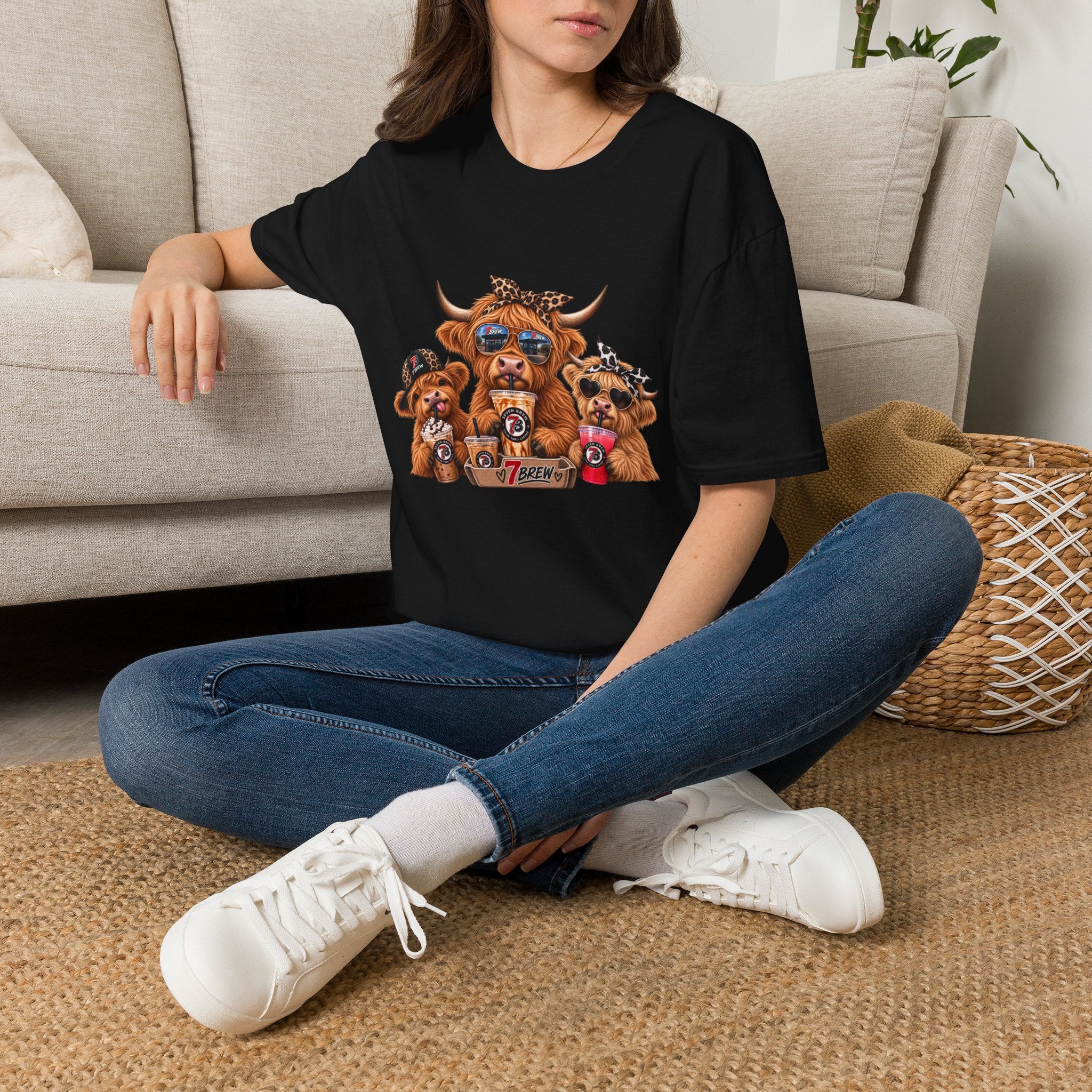 Cow Trio Graphic T-Shirt — Cute Highland Cow Family with Sunglasses & Bandanas