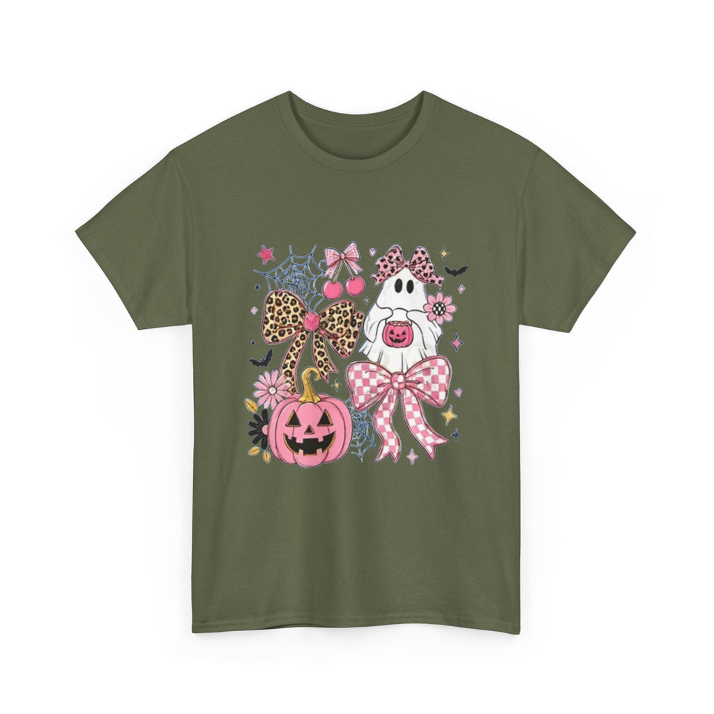 Halloween Pink Pumpkin Tee — Cute Leopard Bow Ghost Graphic Shirt