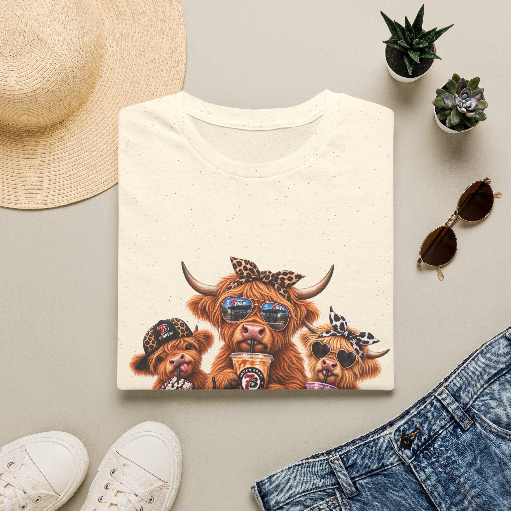 Cow Trio Graphic T-Shirt — Cute Highland Cow Family with Sunglasses & Bandanas