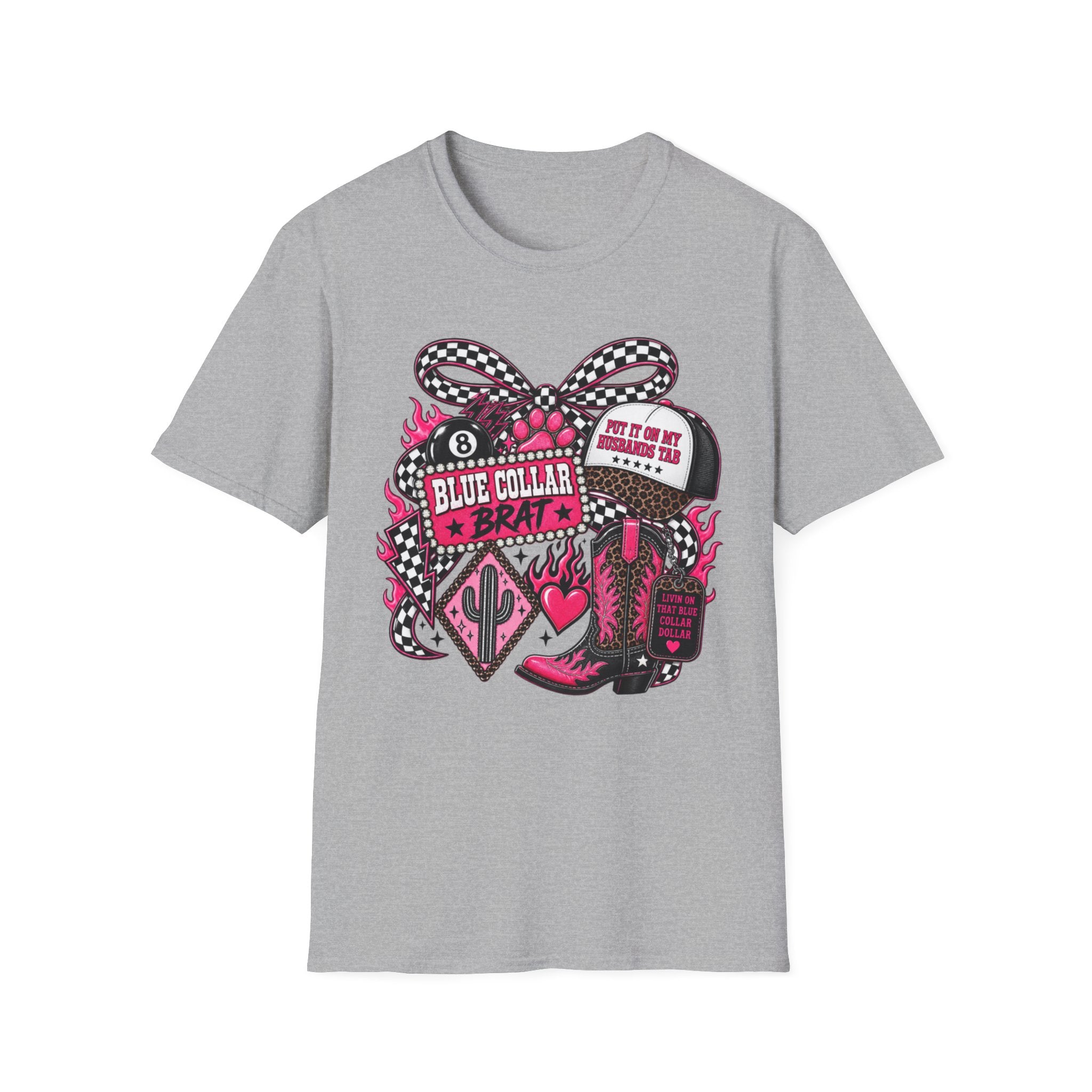T-Shirt — Blue Collar Brat Graphic Tee (Pink Checkerboard Heart, 'Put On My Workin' Hat')