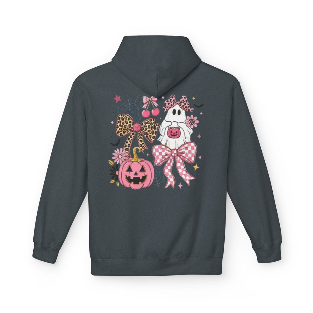 Pink Halloween Ghost Hoodie — Cute Pumpkin, Leopard Bow & Spiderweb Graphic