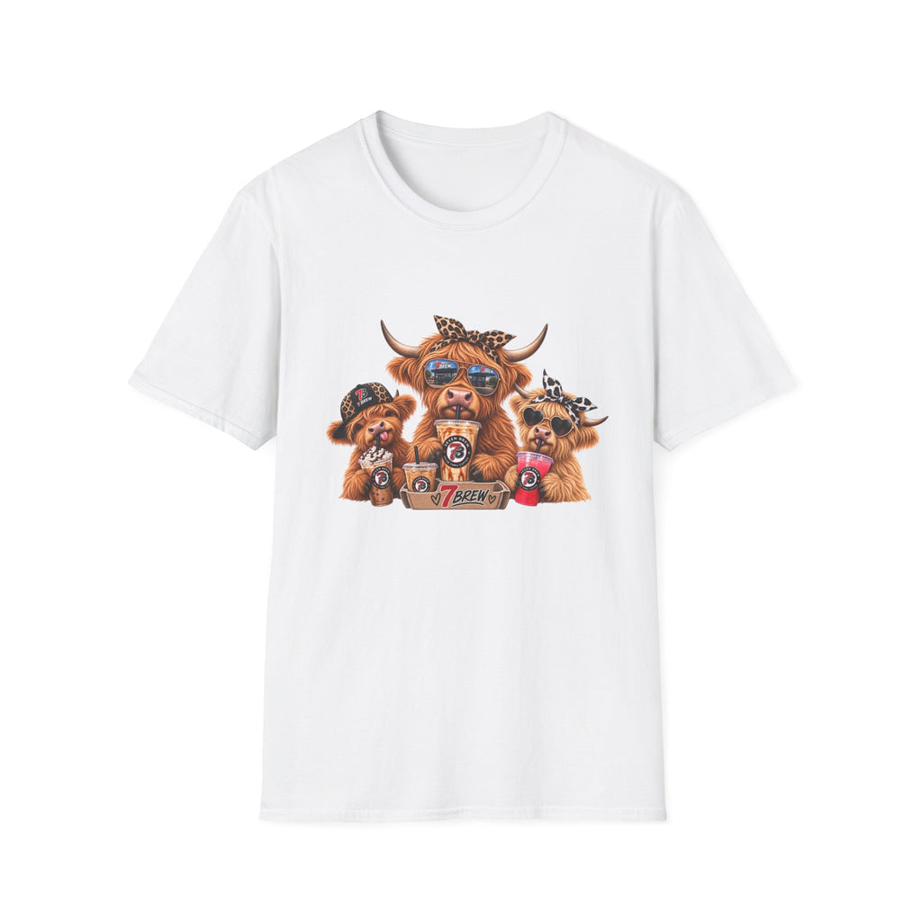 Cow Trio Graphic T-Shirt — Cute Highland Cow Family with Sunglasses & Bandanas