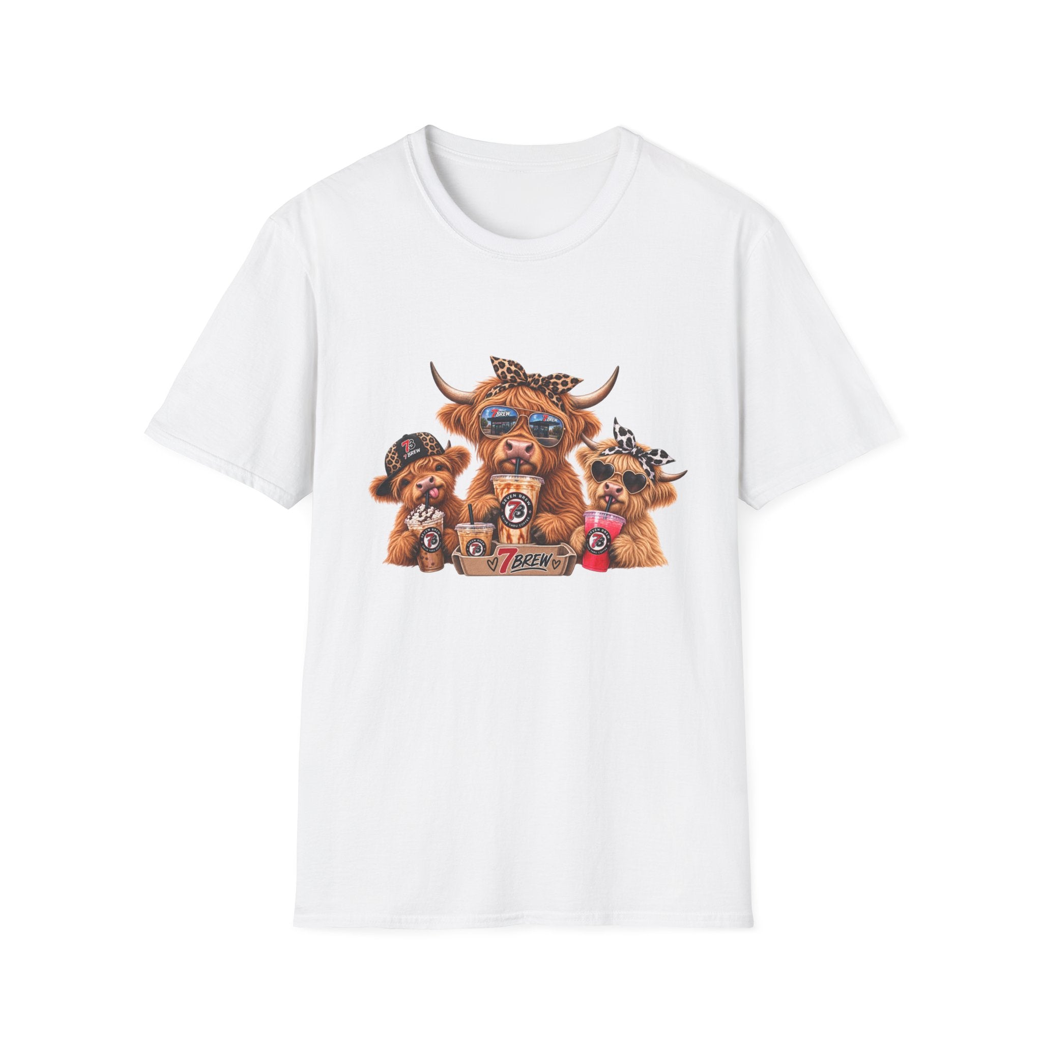 Cow Trio Graphic T-Shirt — Cute Highland Cow Family with Sunglasses & Bandanas