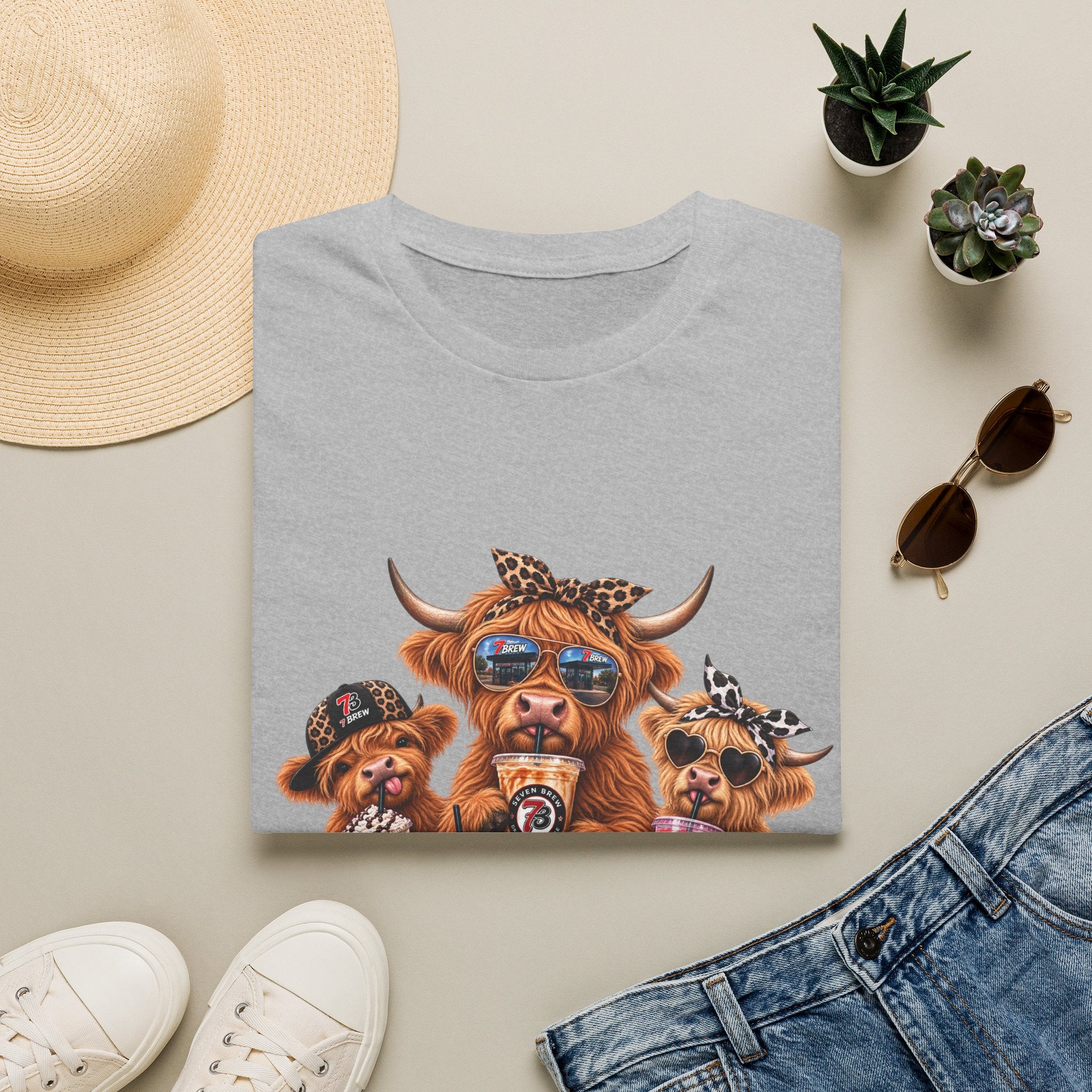 Cow Trio Graphic T-Shirt — Cute Highland Cow Family with Sunglasses & Bandanas