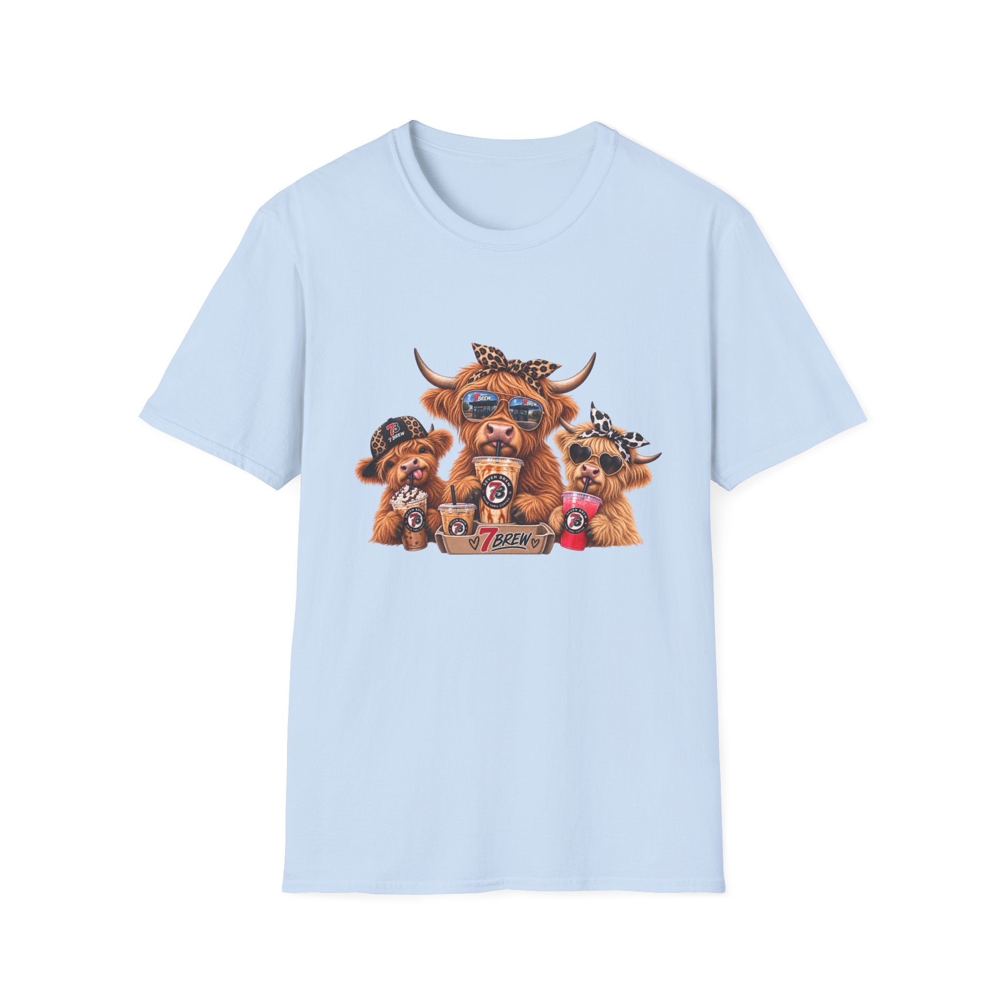 Cow Trio Graphic T-Shirt — Cute Highland Cow Family with Sunglasses & Bandanas