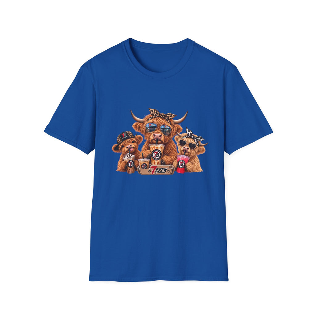 Cow Trio Graphic T-Shirt — Cute Highland Cow Family with Sunglasses & Bandanas