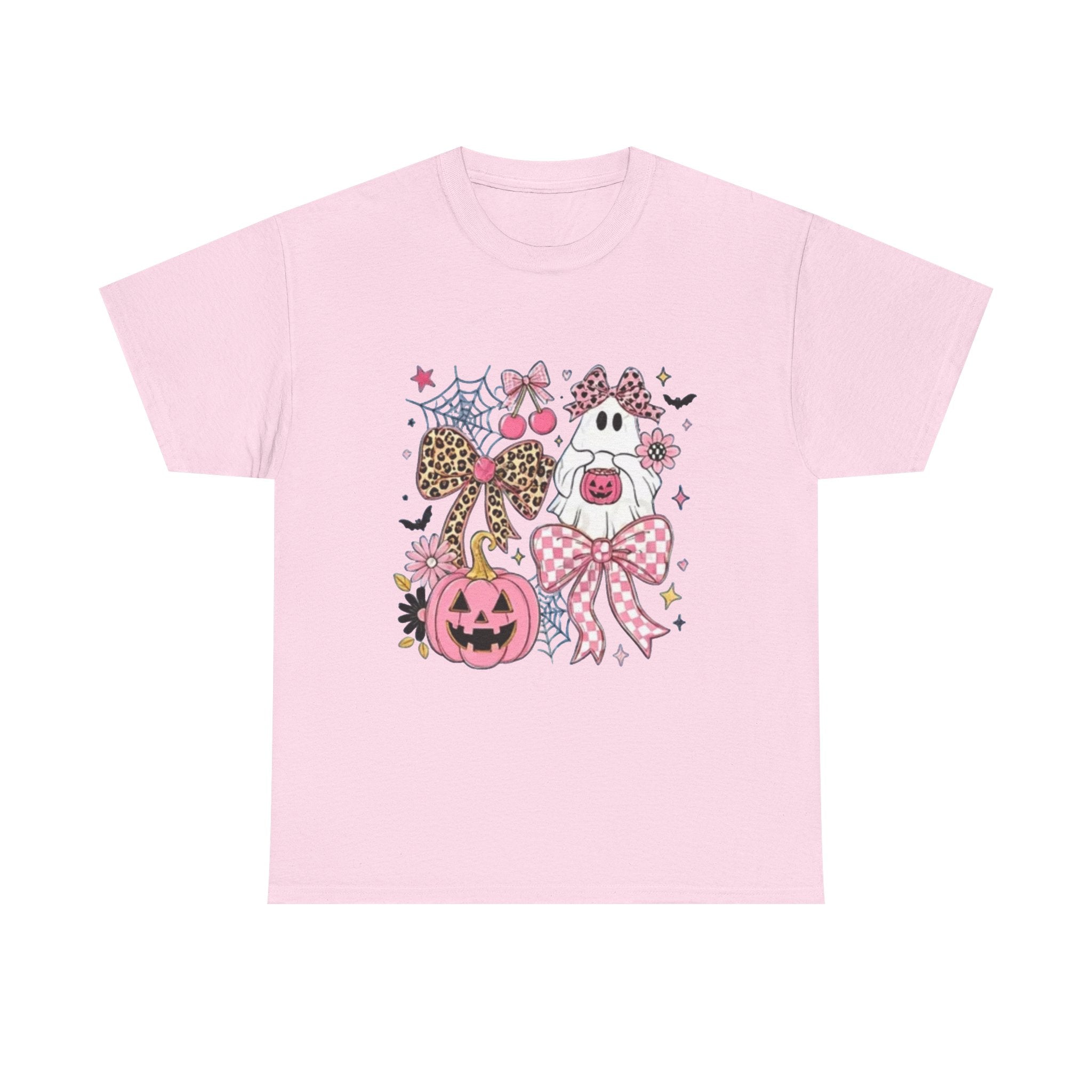Halloween Pink Pumpkin Tee — Cute Leopard Bow Ghost Graphic Shirt