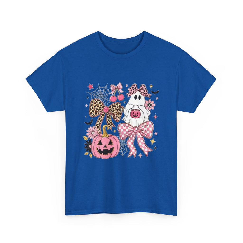 Halloween Pink Pumpkin Tee — Cute Leopard Bow Ghost Graphic Shirt
