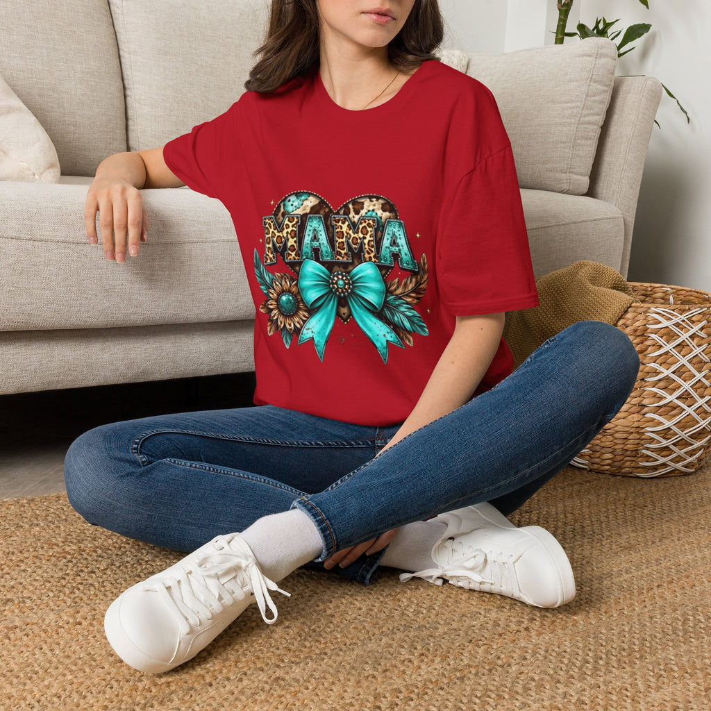 Mama Leopard Heart T-Shirt — Turquoise Bow Mother's Day Tee