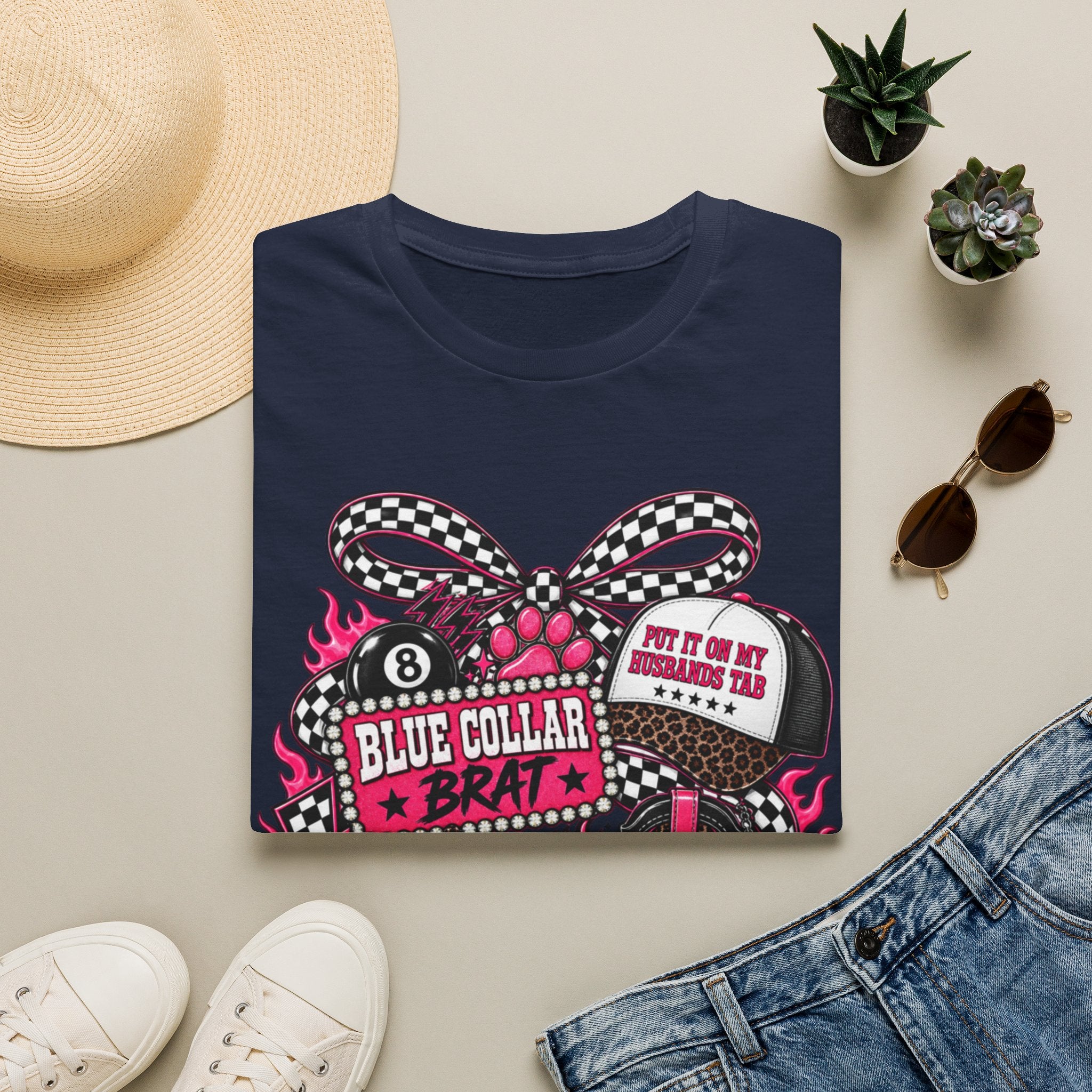 T-Shirt — Blue Collar Brat Graphic Tee (Pink Checkerboard Heart, 'Put On My Workin' Hat')
