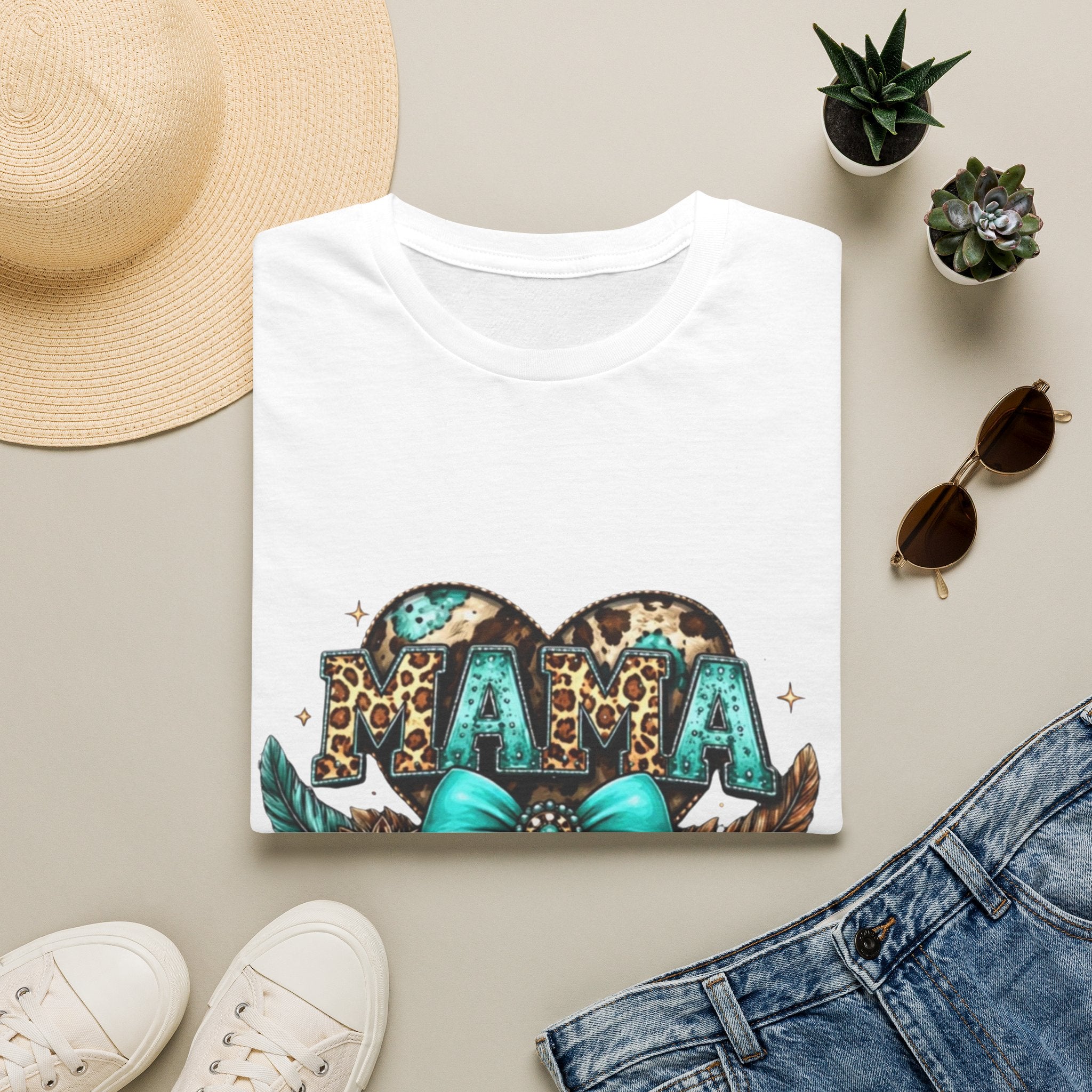 Mama Leopard Heart T-Shirt — Turquoise Bow Mother's Day Tee