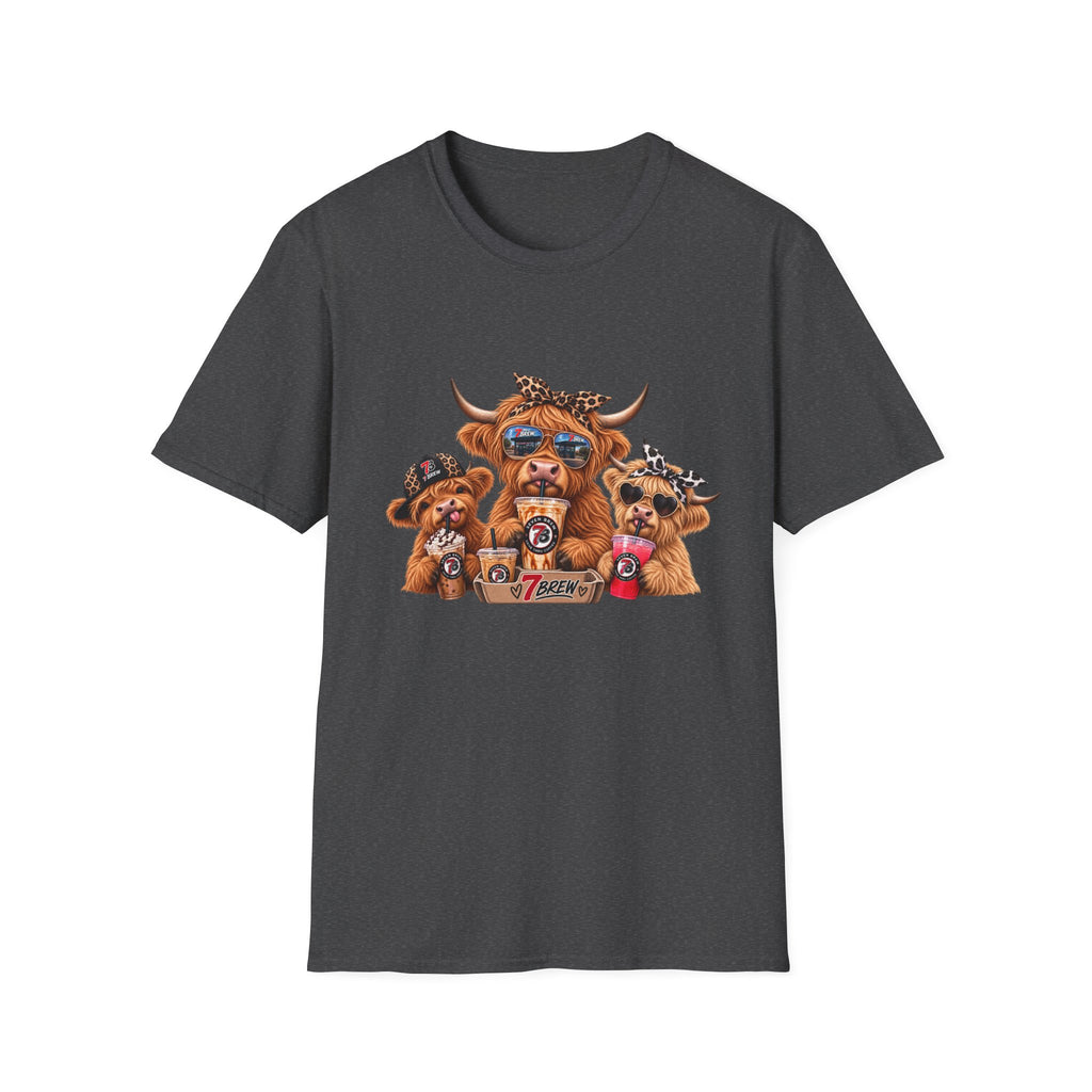 Cow Trio Graphic T-Shirt — Cute Highland Cow Family with Sunglasses & Bandanas