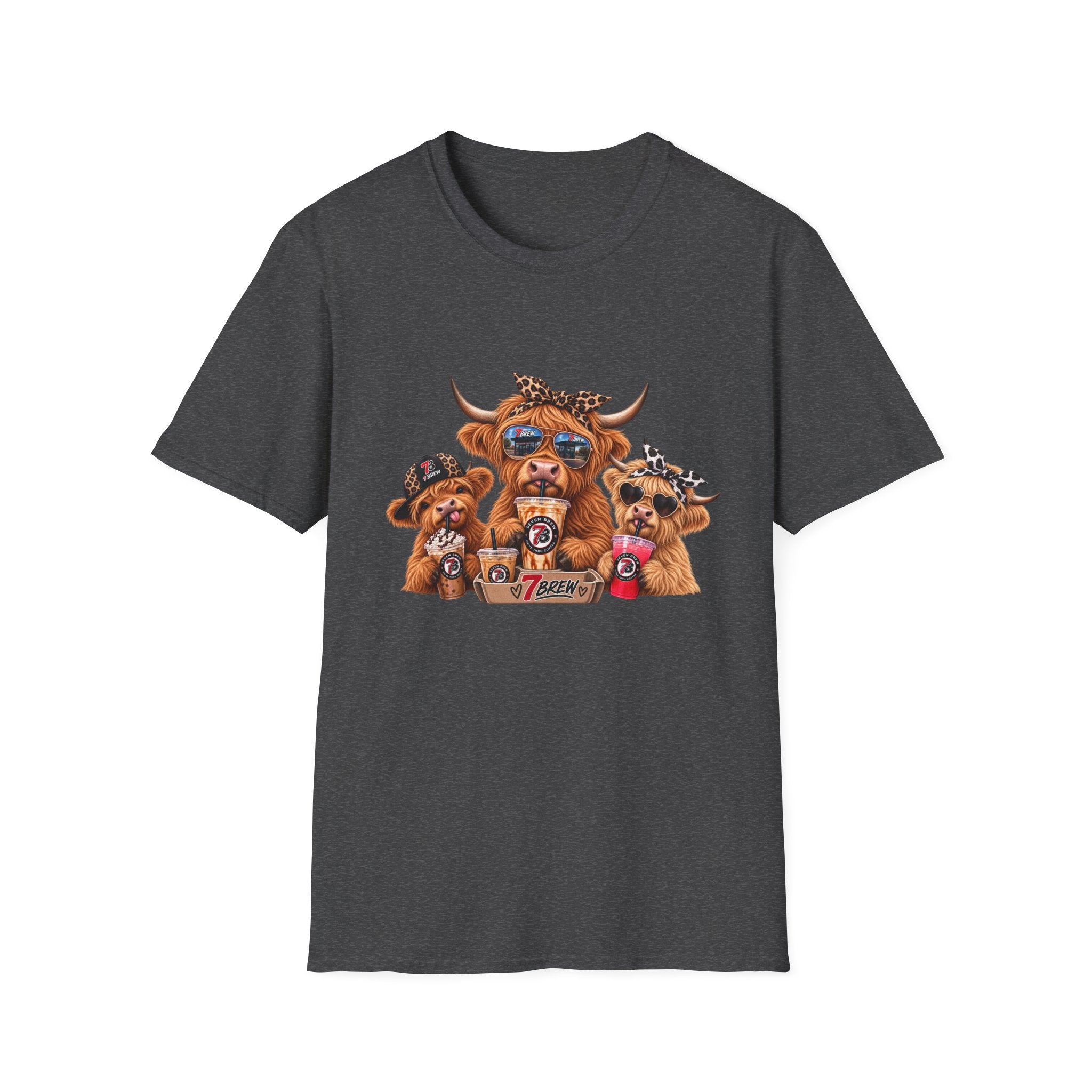 Cow Trio Graphic T-Shirt — Cute Highland Cow Family with Sunglasses & Bandanas