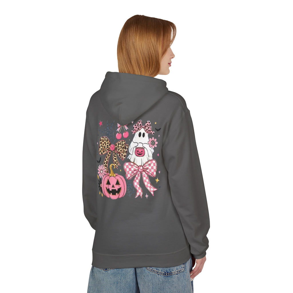 Pink Halloween Ghost Hoodie — Cute Pumpkin, Leopard Bow & Spiderweb Graphic