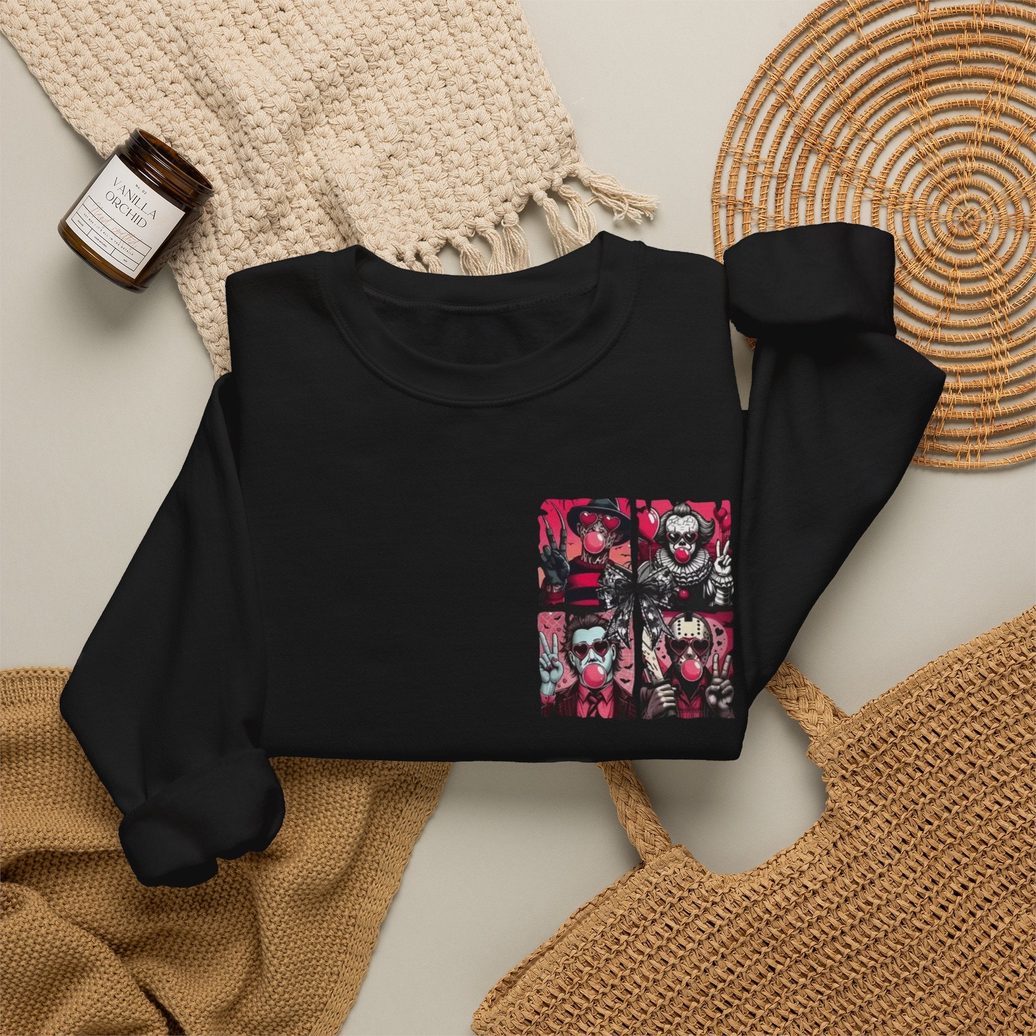 Clown Riot Crewneck Sweatshirt – Pink Horror Patchwork Graphic