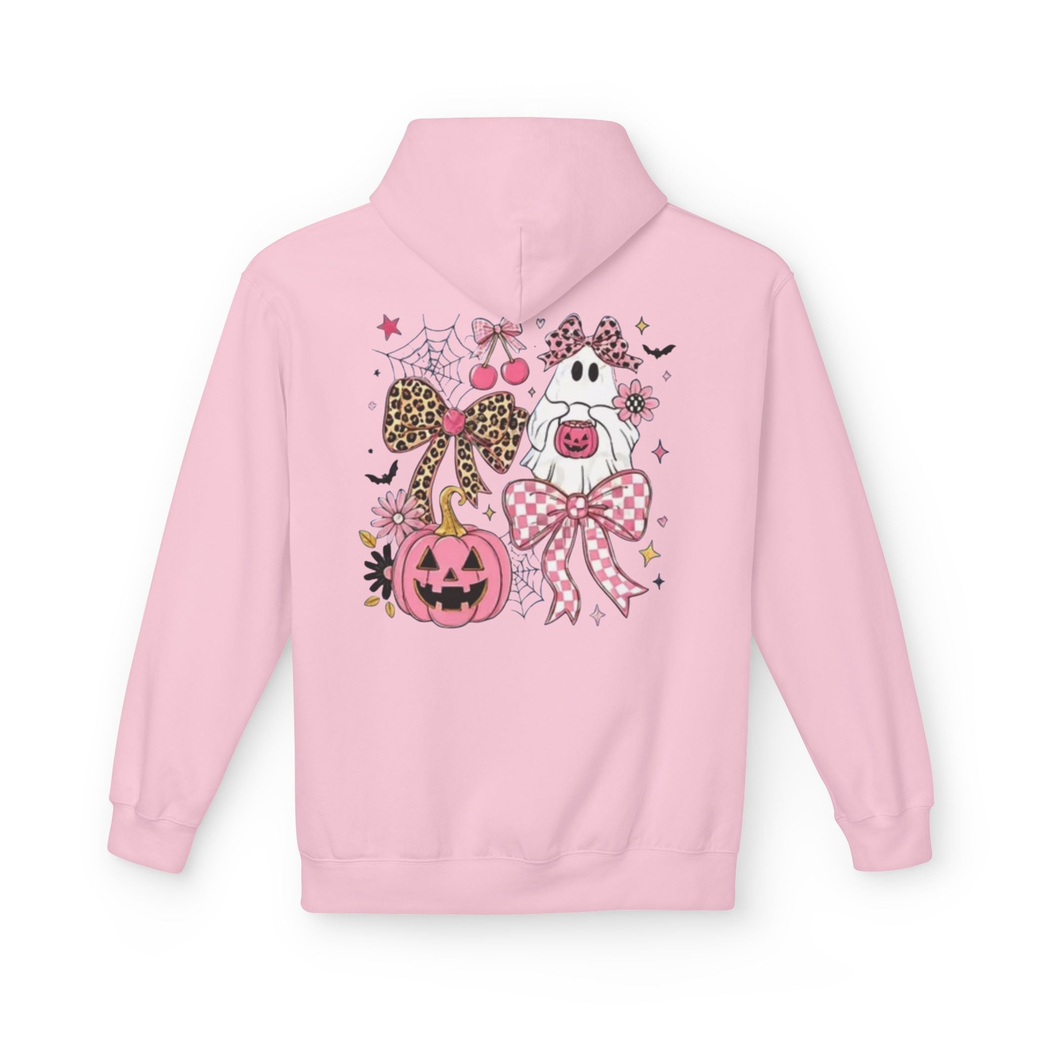 Pink Halloween Ghost Hoodie — Cute Pumpkin, Leopard Bow & Spiderweb Graphic