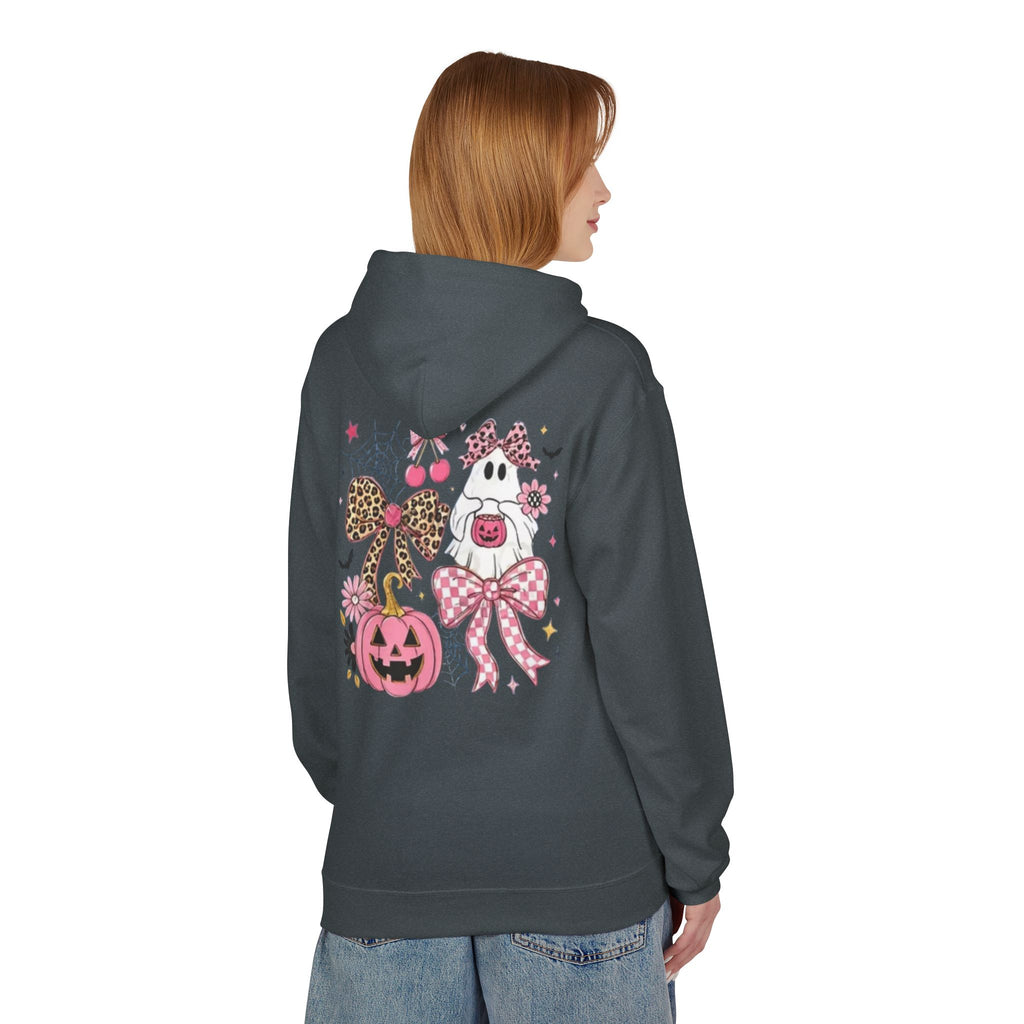 Pink Halloween Ghost Hoodie — Cute Pumpkin, Leopard Bow & Spiderweb Graphic
