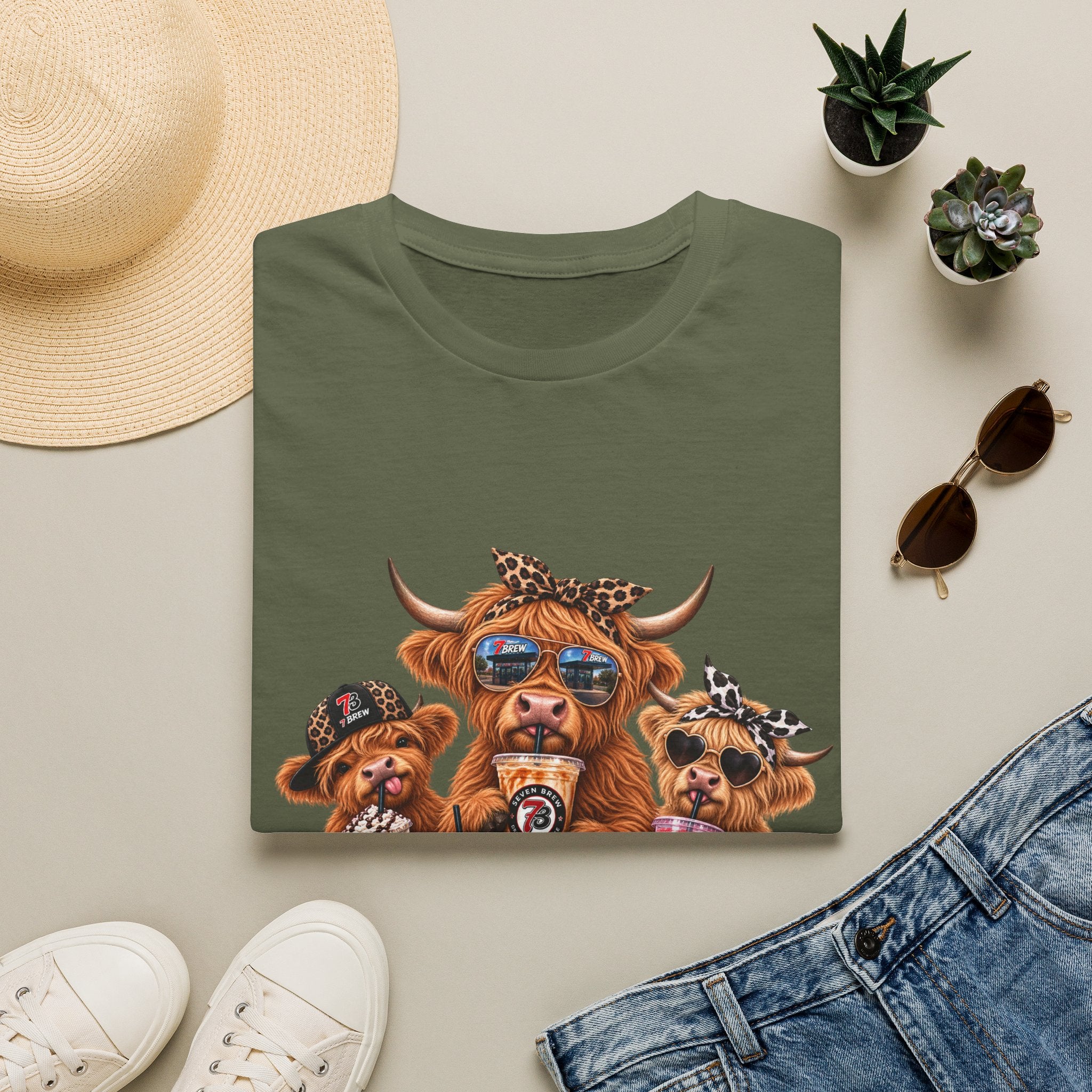 Cow Trio Graphic T-Shirt — Cute Highland Cow Family with Sunglasses & Bandanas
