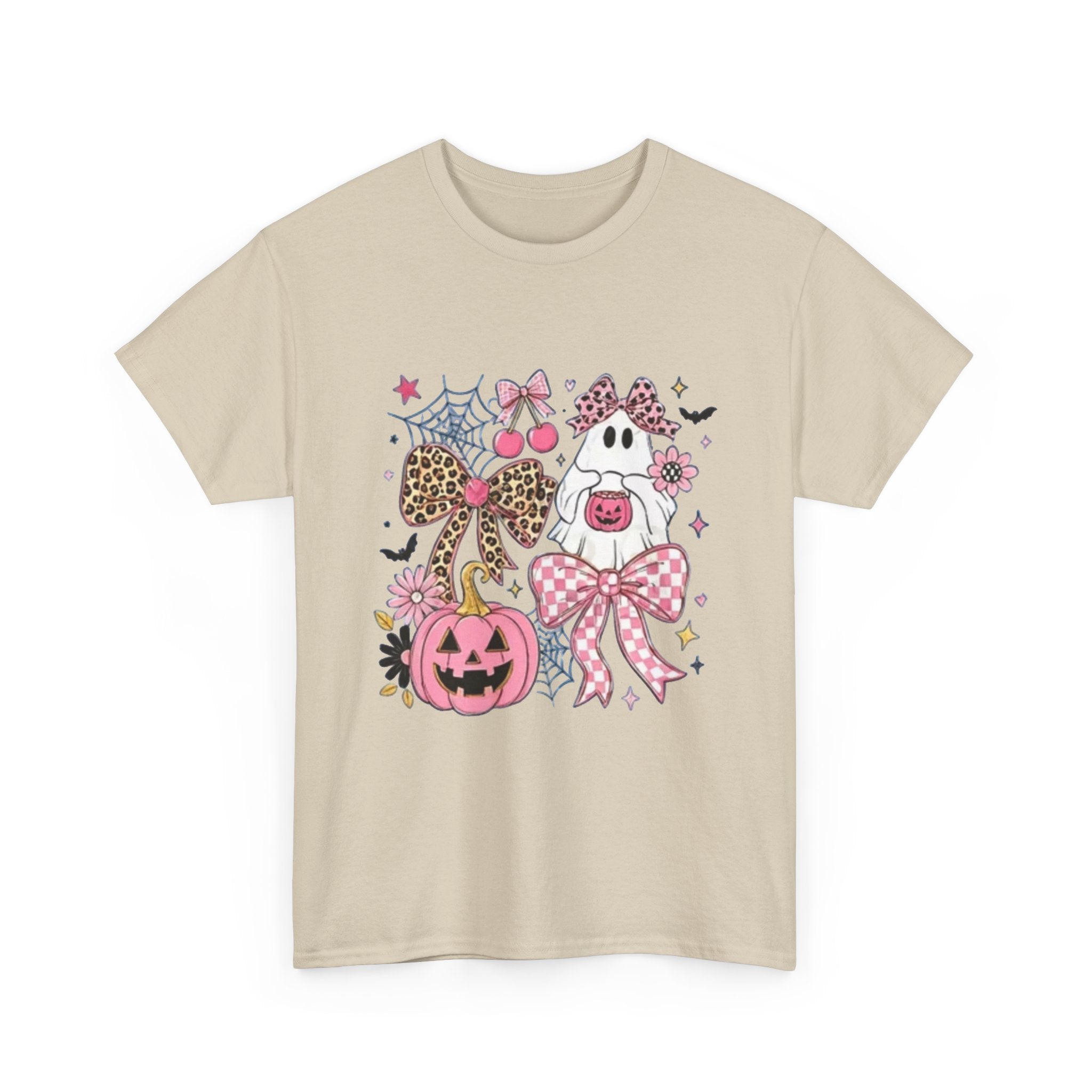Halloween Pink Pumpkin Tee — Cute Leopard Bow Ghost Graphic Shirt