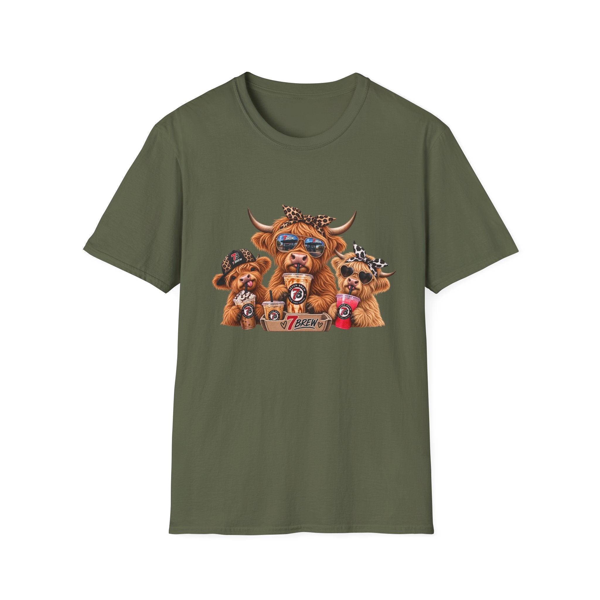 Cow Trio Graphic T-Shirt — Cute Highland Cow Family with Sunglasses & Bandanas