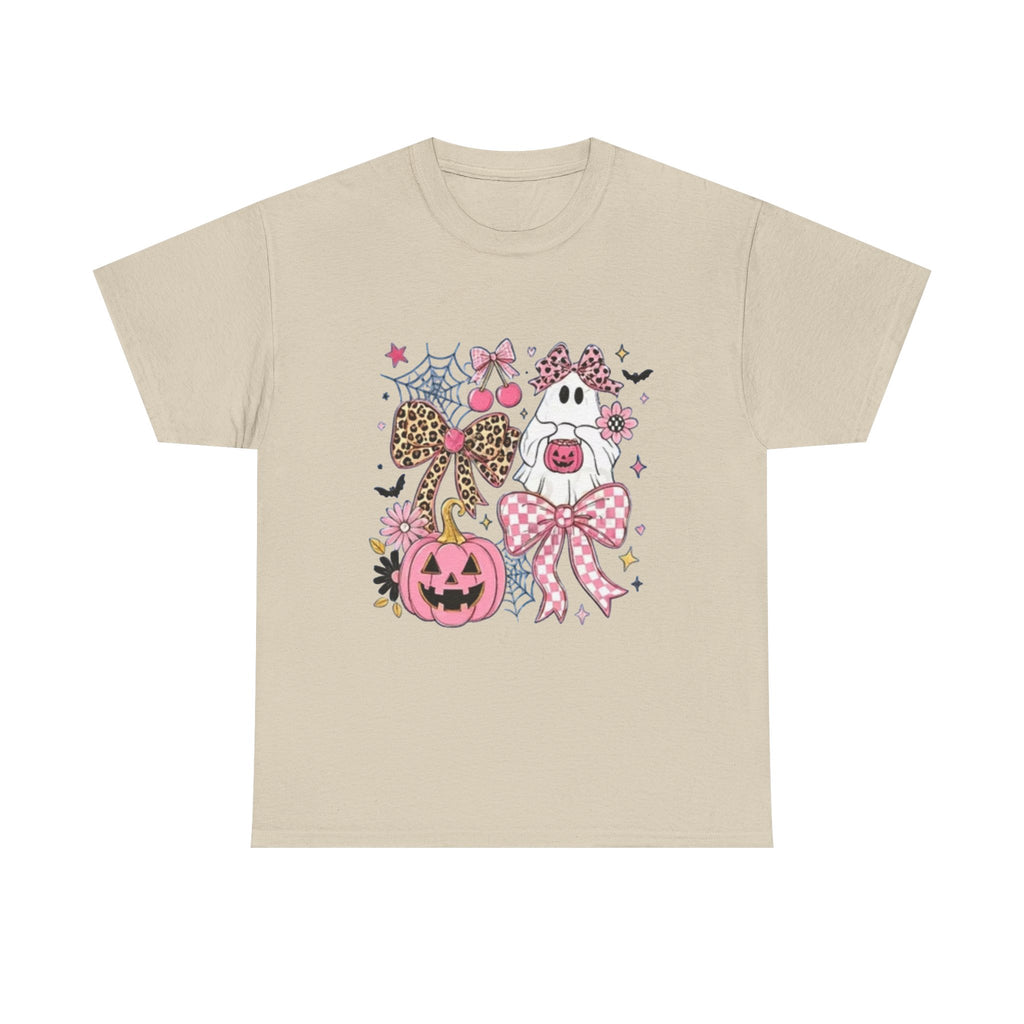 Halloween Pink Pumpkin Tee — Cute Leopard Bow Ghost Graphic Shirt