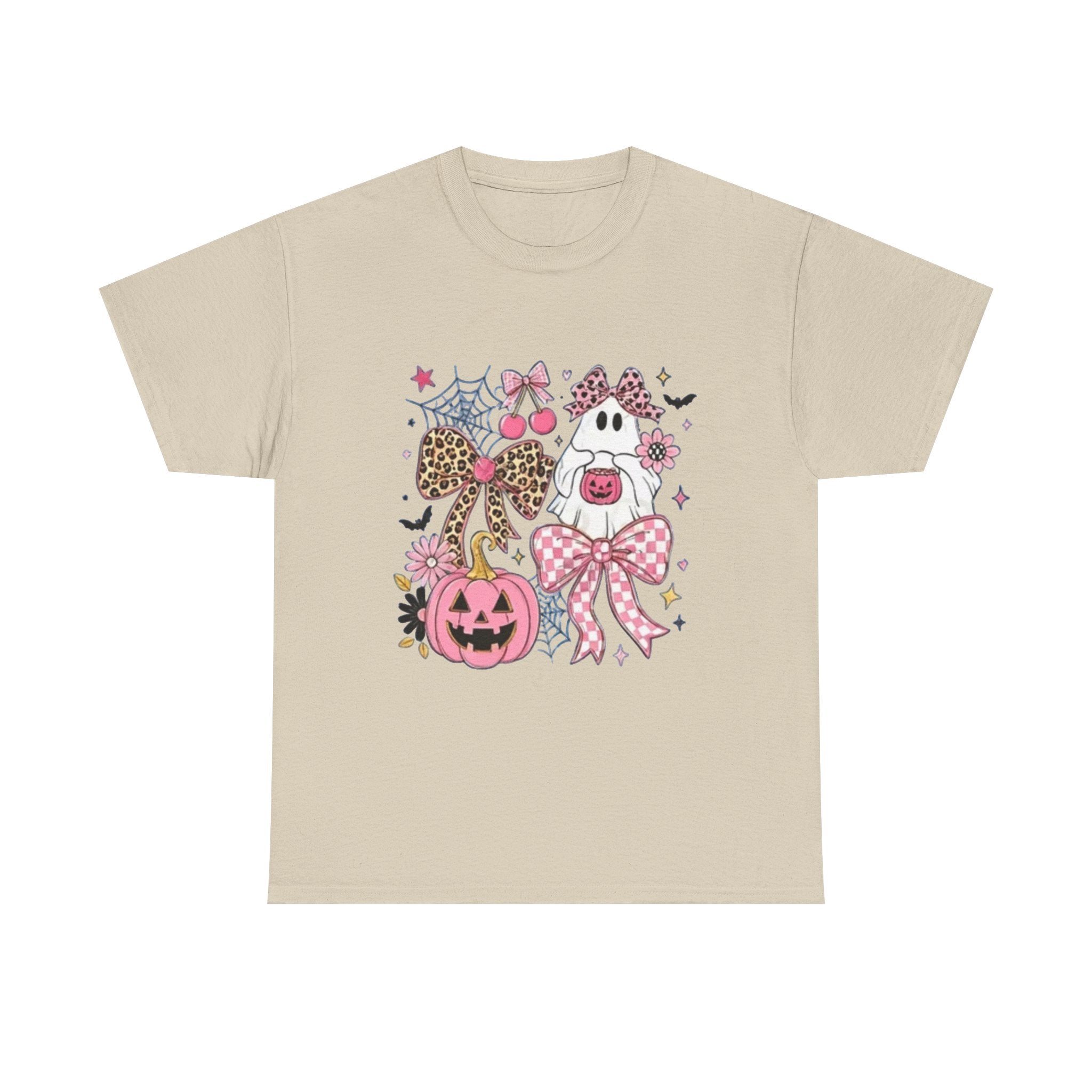 Halloween Pink Pumpkin Tee — Cute Leopard Bow Ghost Graphic Shirt