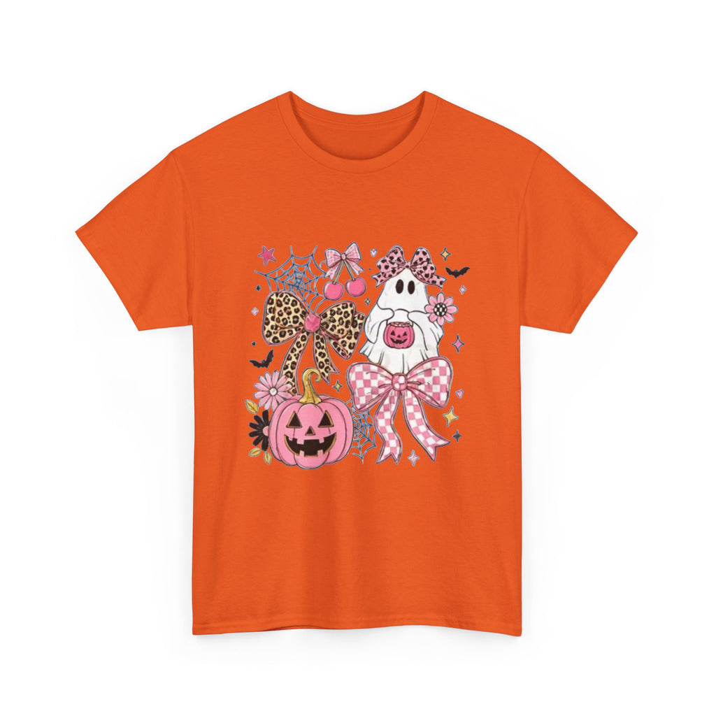 Halloween Pink Pumpkin Tee — Cute Leopard Bow Ghost Graphic Shirt