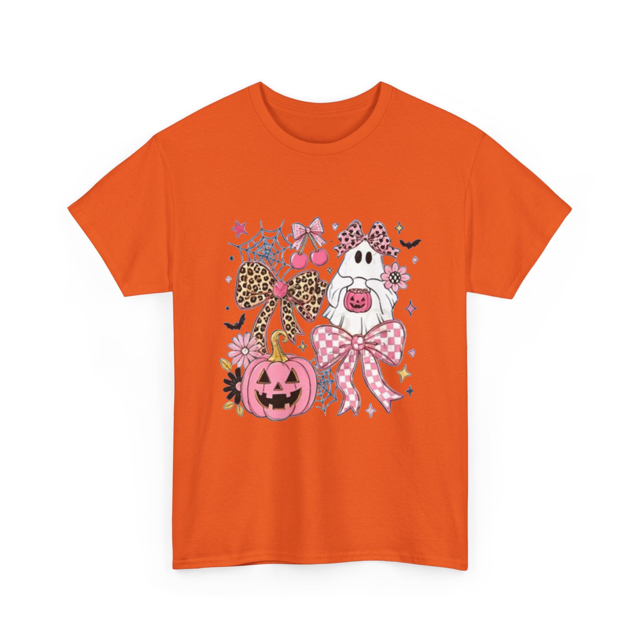 Halloween Pink Pumpkin Tee — Cute Leopard Bow Ghost Graphic Shirt