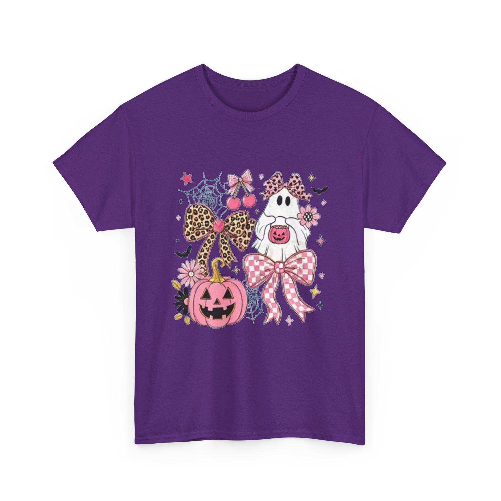 Halloween Pink Pumpkin Tee — Cute Leopard Bow Ghost Graphic Shirt