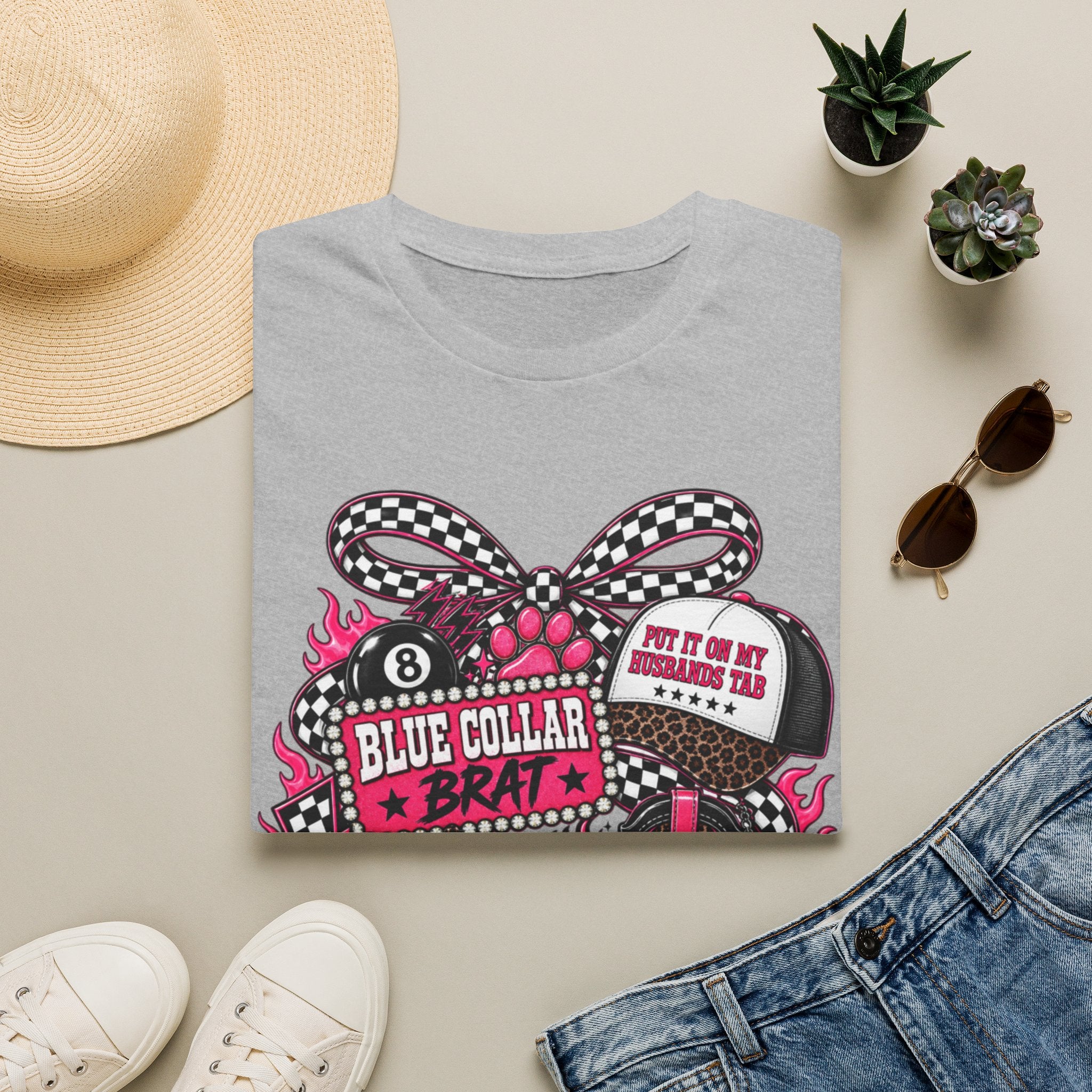 T-Shirt — Blue Collar Brat Graphic Tee (Pink Checkerboard Heart, 'Put On My Workin' Hat')