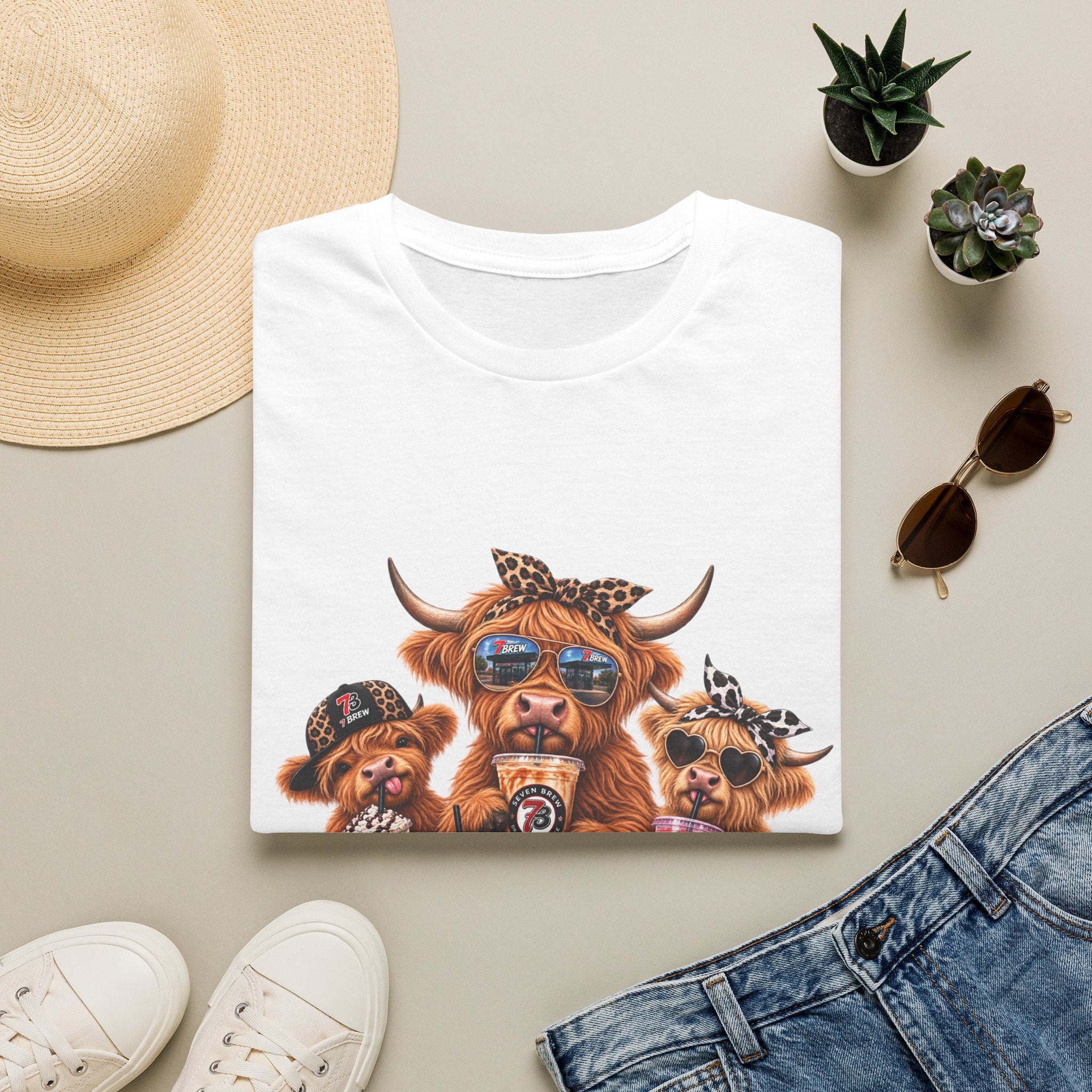 Cow Trio Graphic T-Shirt — Cute Highland Cow Family with Sunglasses & Bandanas