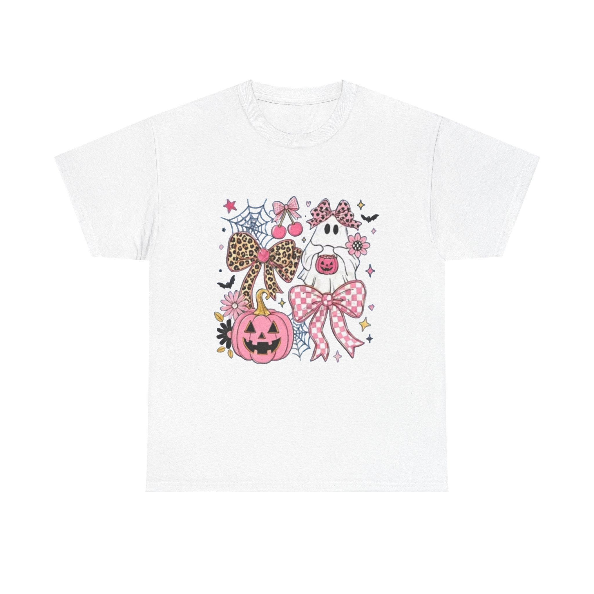 Halloween Pink Pumpkin Tee — Cute Leopard Bow Ghost Graphic Shirt