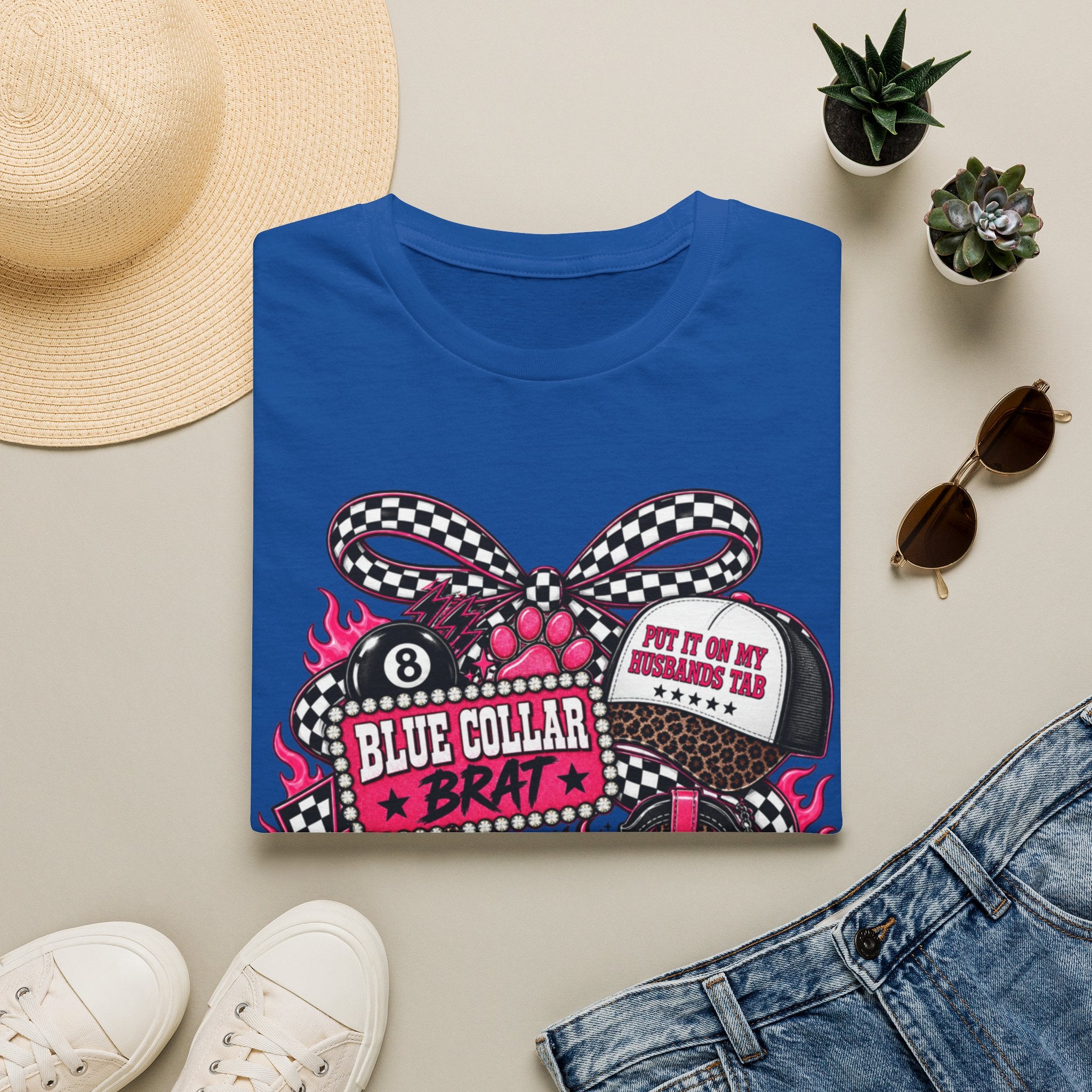 T-Shirt — Blue Collar Brat Graphic Tee (Pink Checkerboard Heart, 'Put On My Workin' Hat')