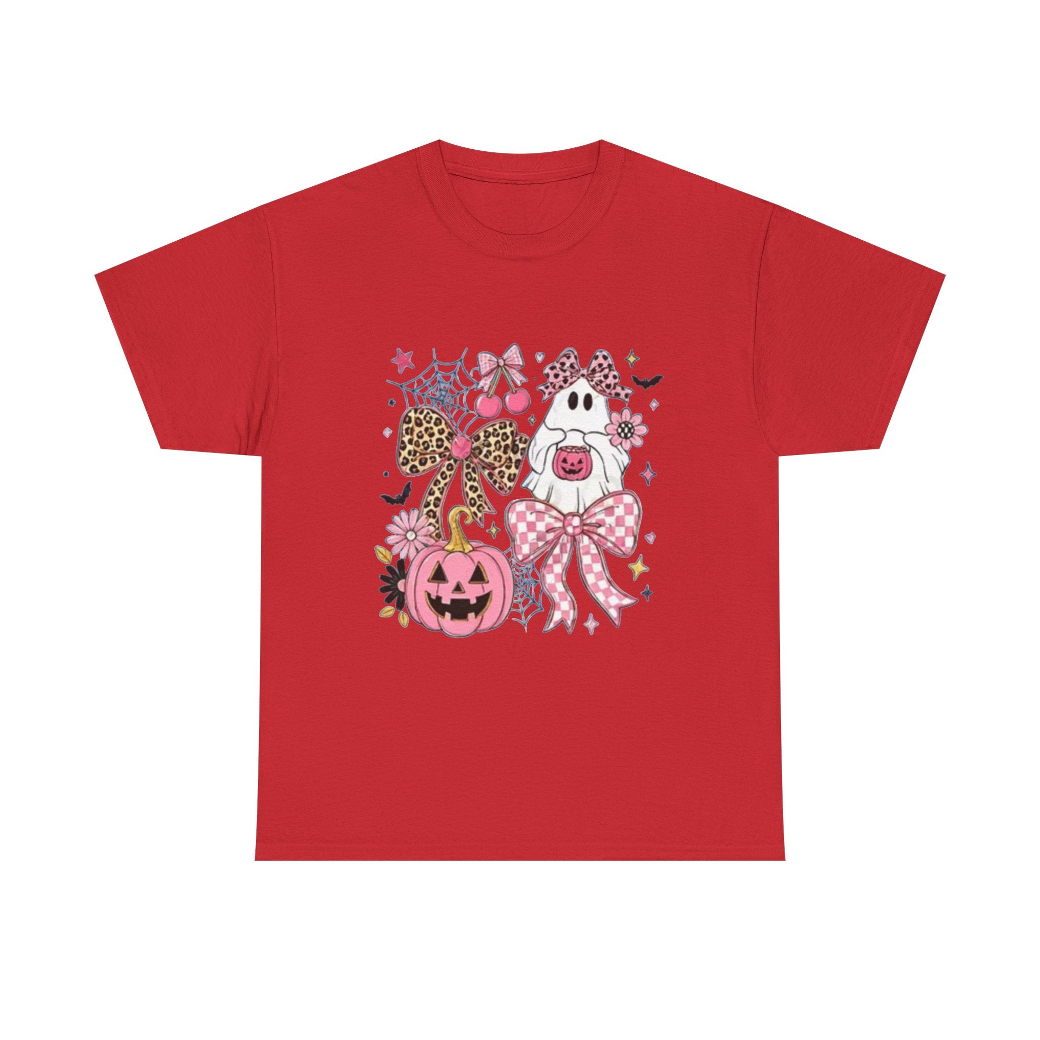 Halloween Pink Pumpkin Tee — Cute Leopard Bow Ghost Graphic Shirt