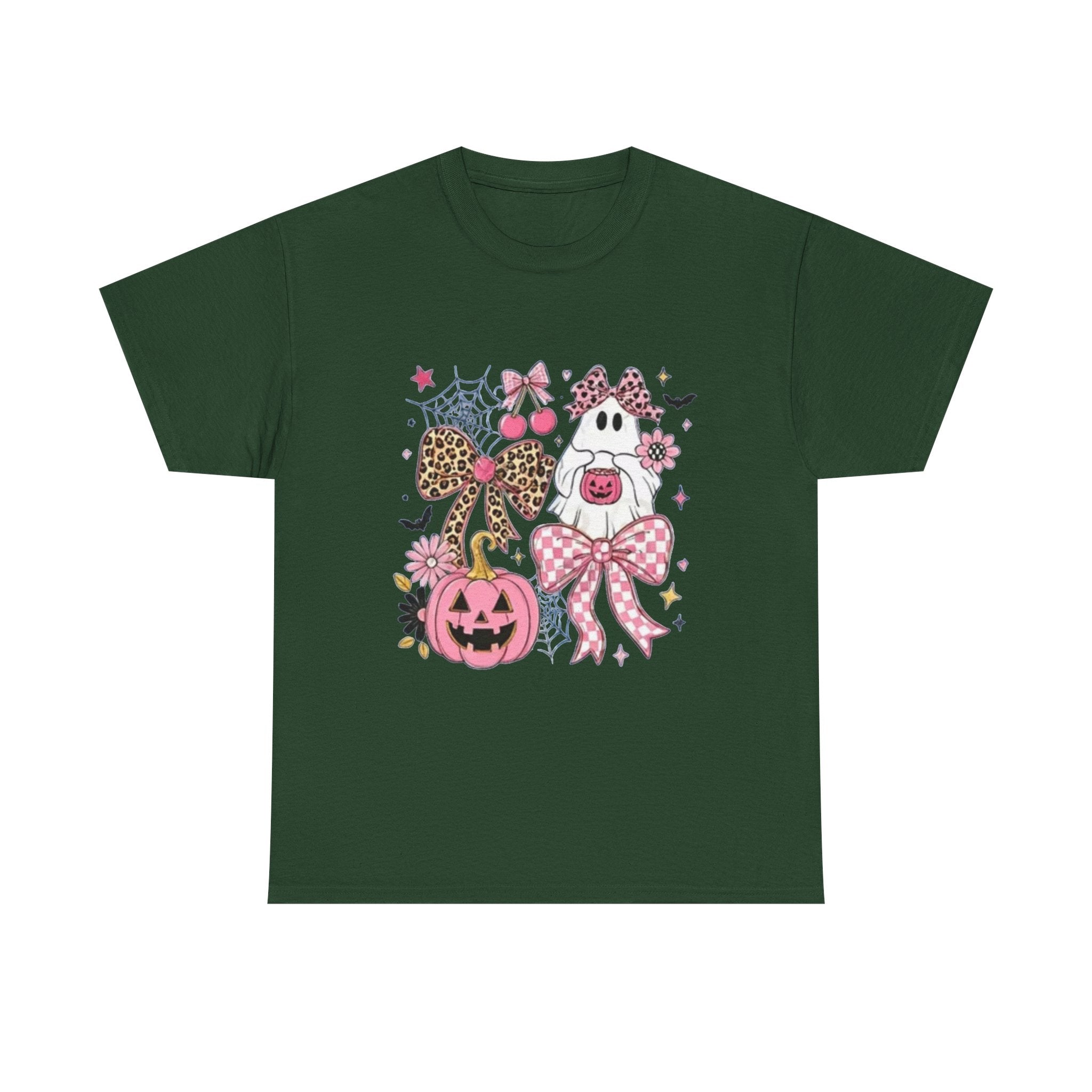 Halloween Pink Pumpkin Tee — Cute Leopard Bow Ghost Graphic Shirt