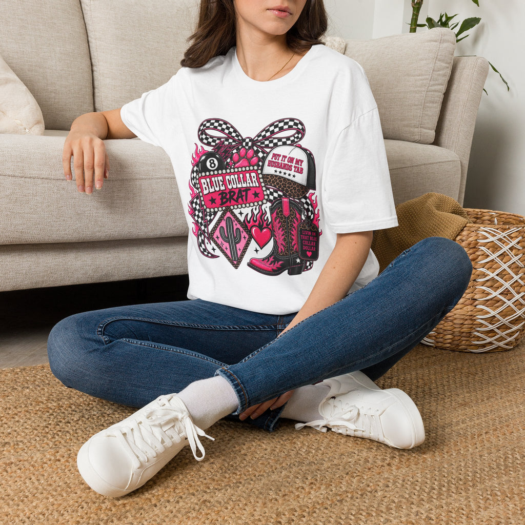 T-Shirt — Blue Collar Brat Graphic Tee (Pink Checkerboard Heart, 'Put On My Workin' Hat')