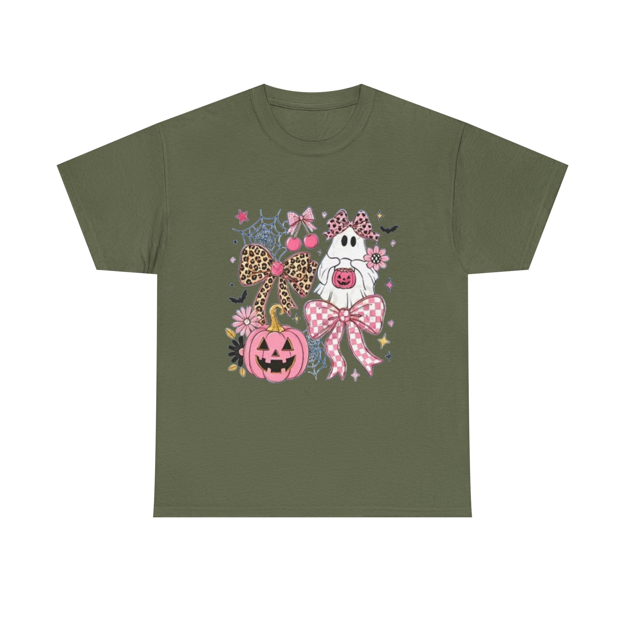 Halloween Pink Pumpkin Tee — Cute Leopard Bow Ghost Graphic Shirt