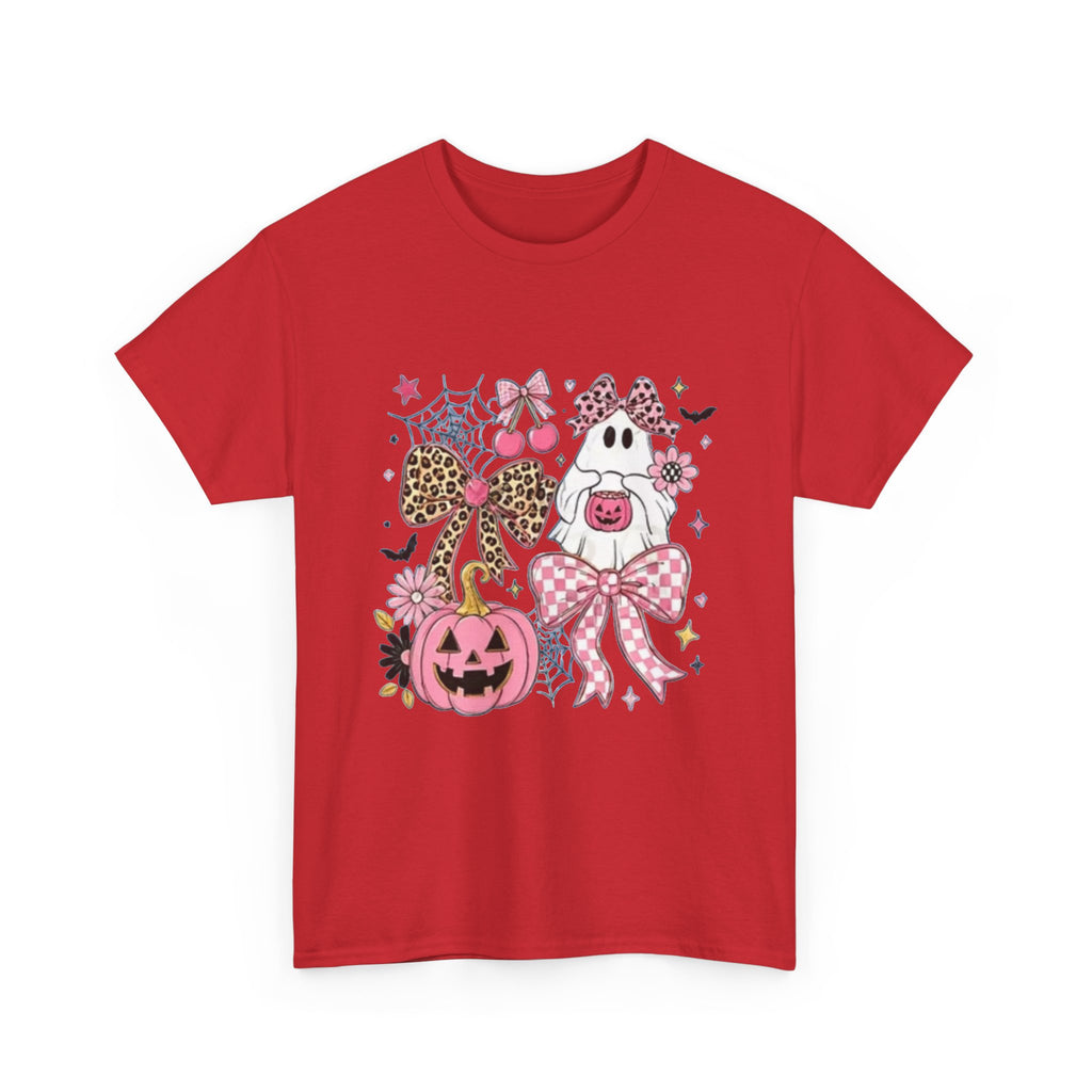 Halloween Pink Pumpkin Tee — Cute Leopard Bow Ghost Graphic Shirt