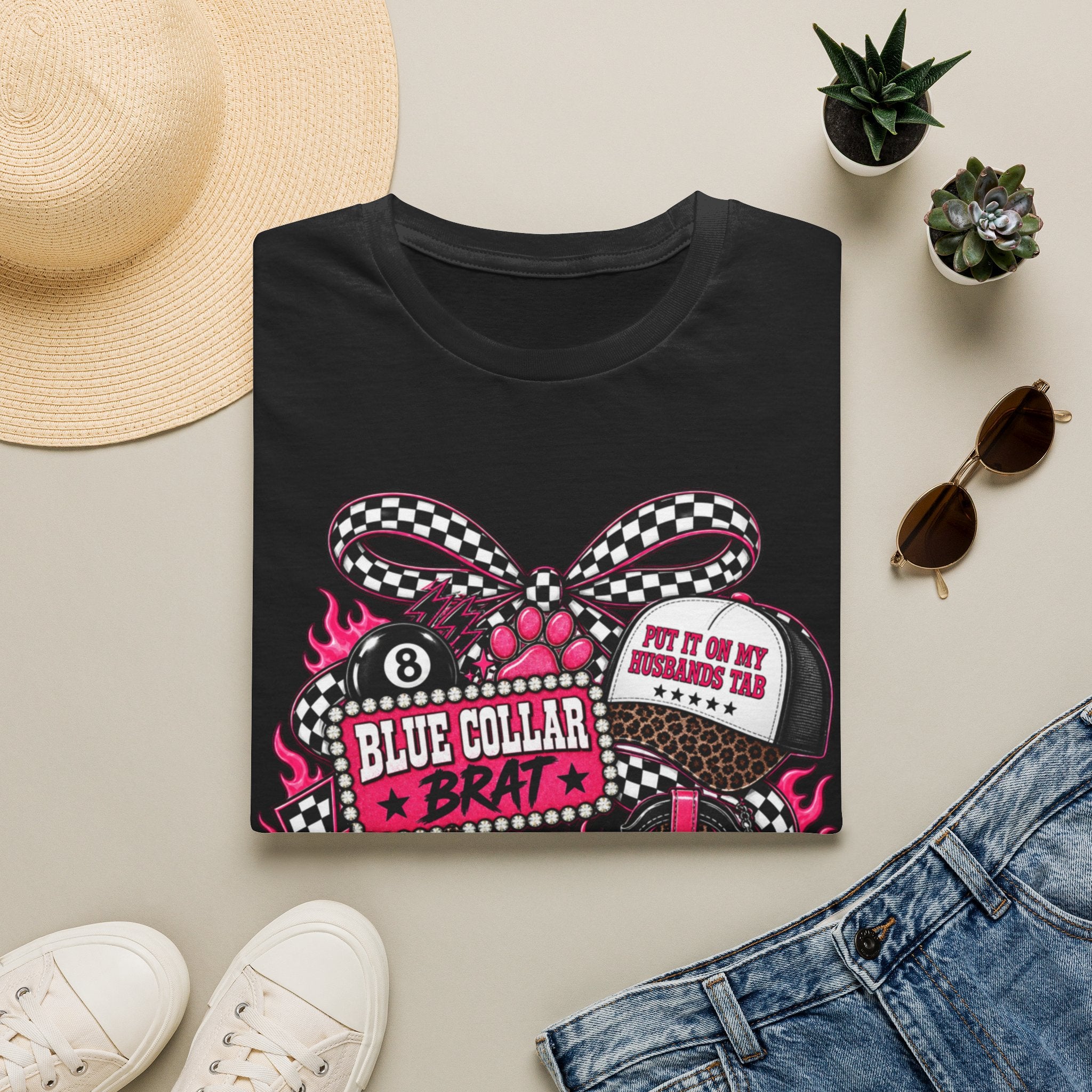 T-Shirt — Blue Collar Brat Graphic Tee (Pink Checkerboard Heart, 'Put On My Workin' Hat')