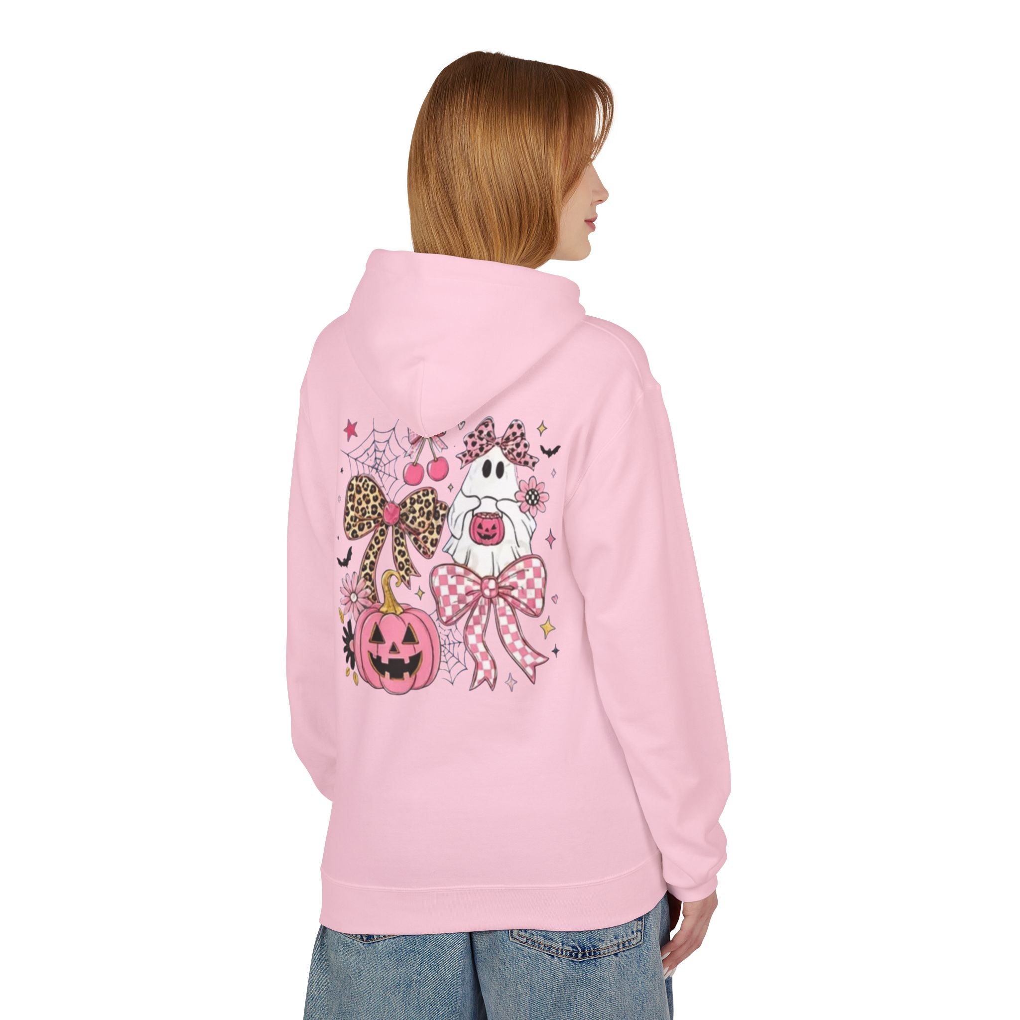 Pink Halloween Ghost Hoodie — Cute Pumpkin, Leopard Bow & Spiderweb Graphic